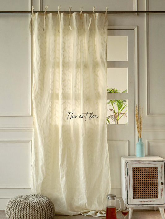 Beige Embroidered Cotton Curtains - 1 Panel Set