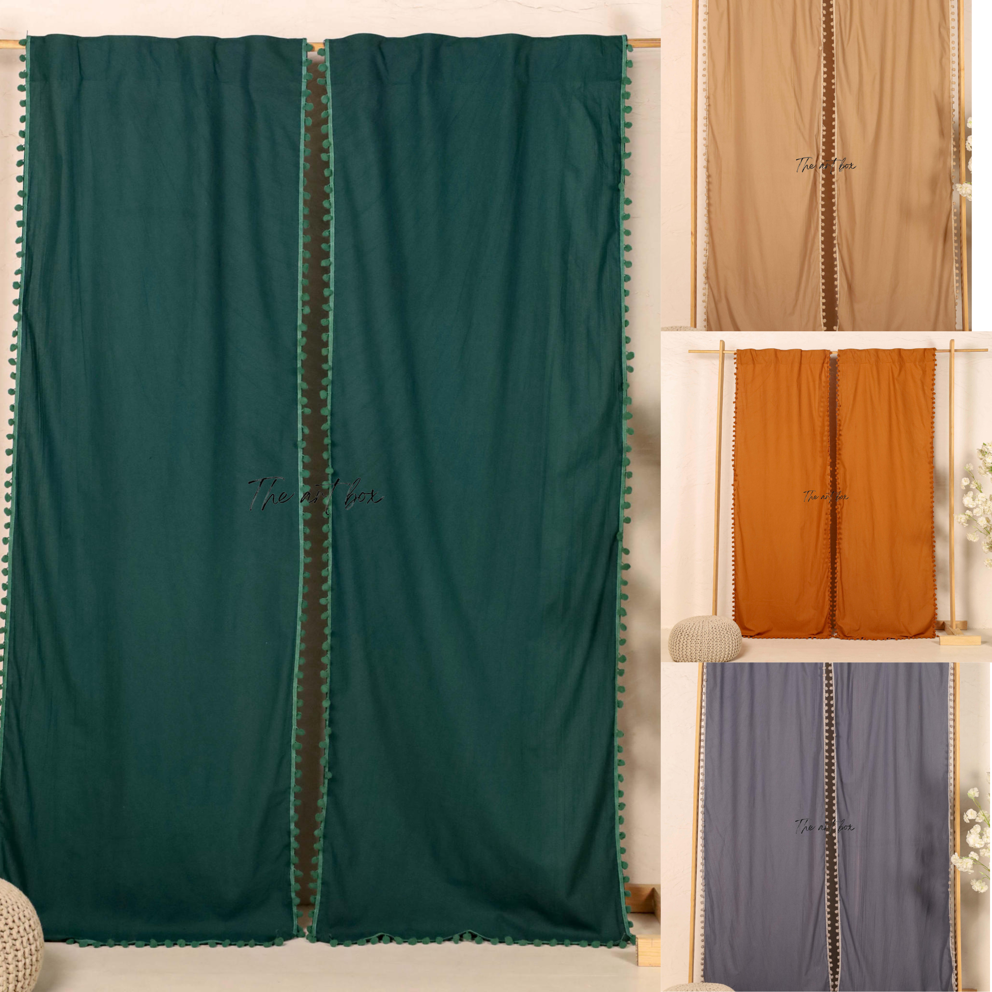 Beige Cotton Drapes Curtains 2 Panels Set Rod Pocket