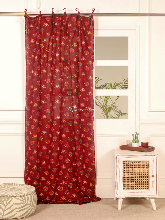 Red Printed Floral Cotton Curtains - 1 Panel Set
