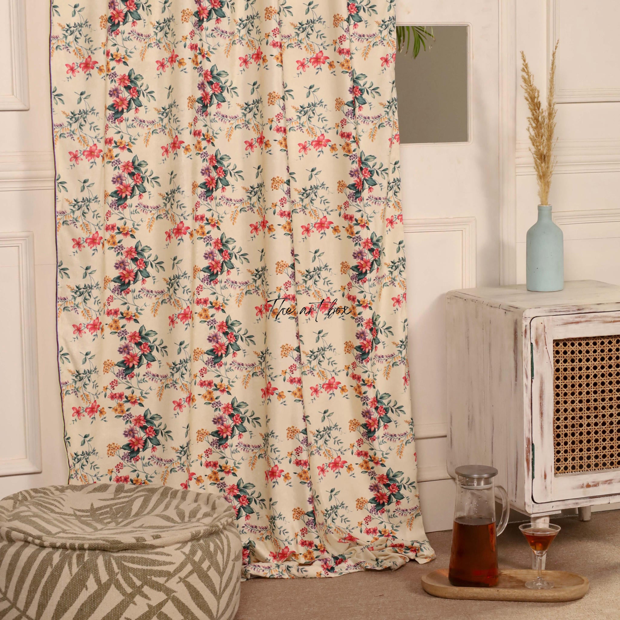 Peach Floral Velvet Curtains - 1 panel set