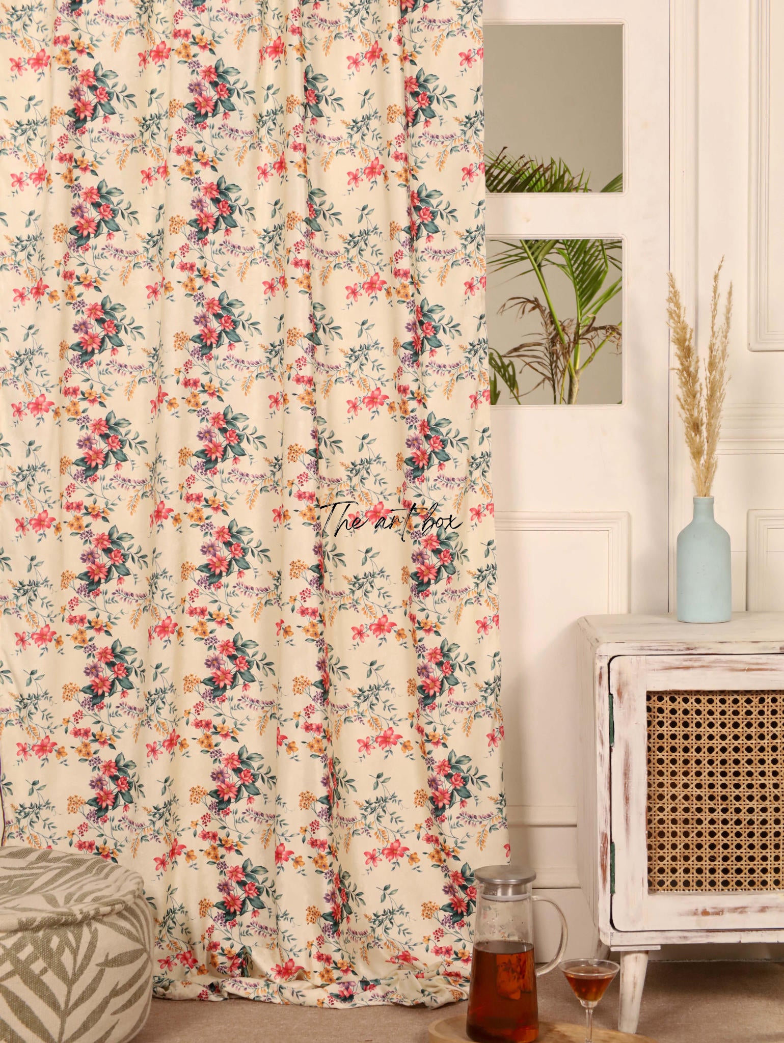 Peach Floral Velvet Curtains - 1 panel set