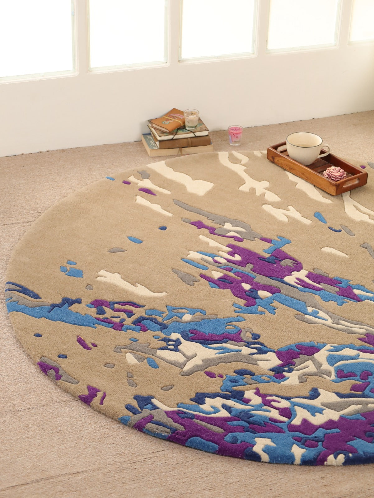 Premium Hand-Tufted Abstract Round Rug | Modern Blue & Purple Artistic Area Rug for Living Room & Bedroom