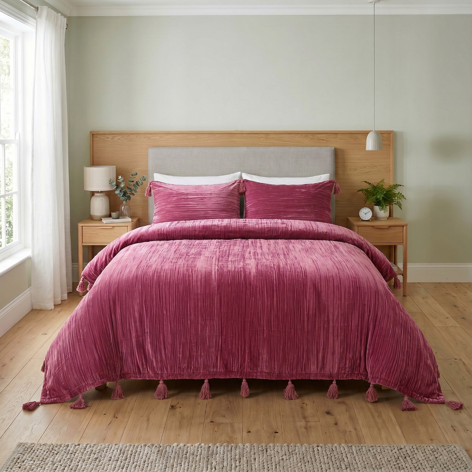 Velvet Duvet Cover Set - Luxury Magenta Plum Boho Bedding with Tassels - 3 Piece Soft Textured Bedding Set