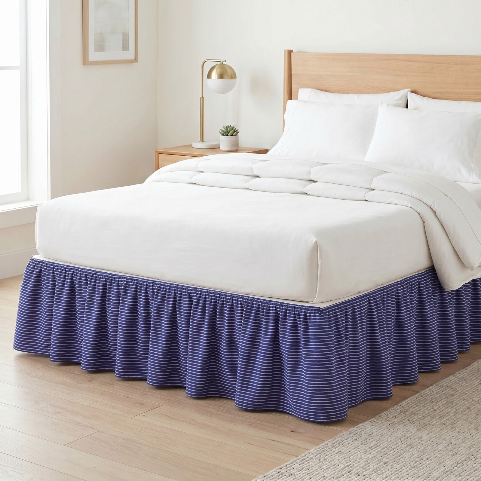 Boho Striped Ruffled Bed Skirt – Elastic Wrap-Around Gathered Bed Valance