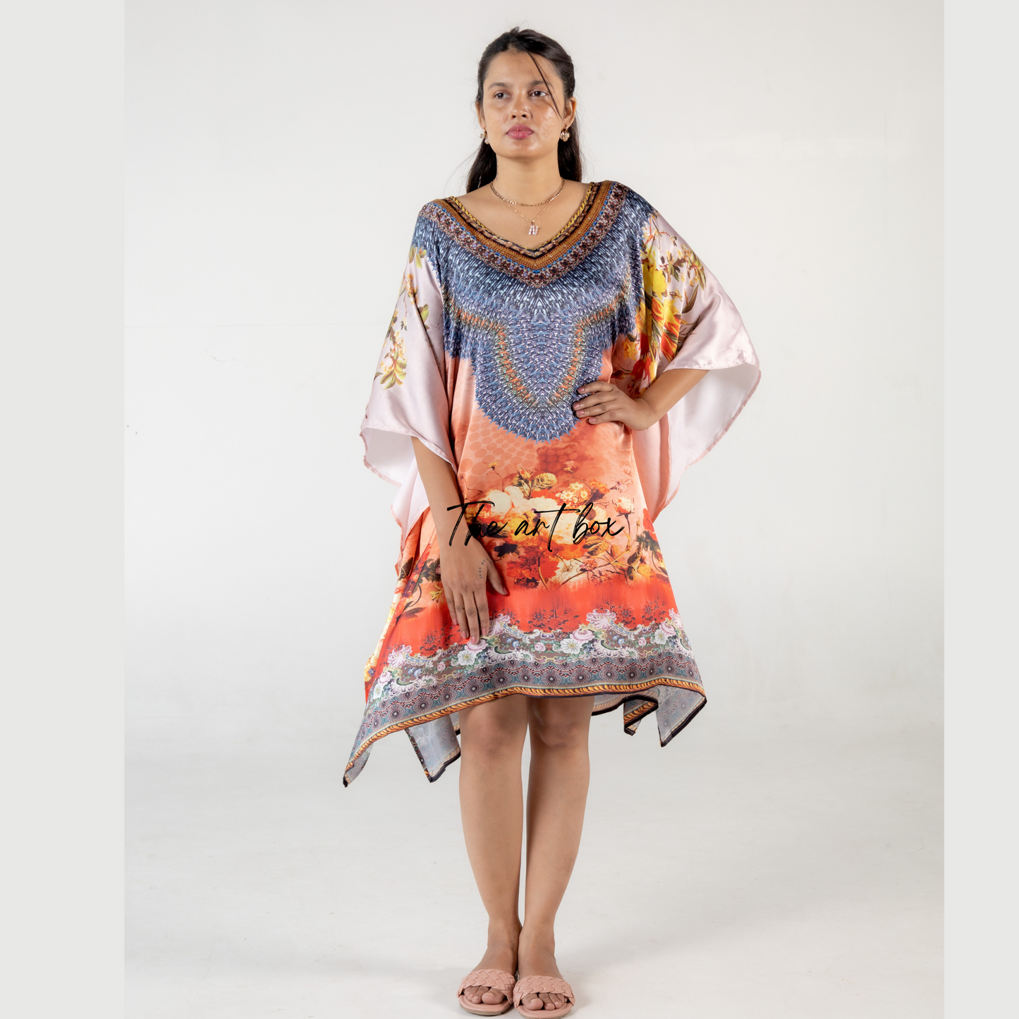 Orange Print Kaftan Dresses for Women Floral Pattern Short Kaftan