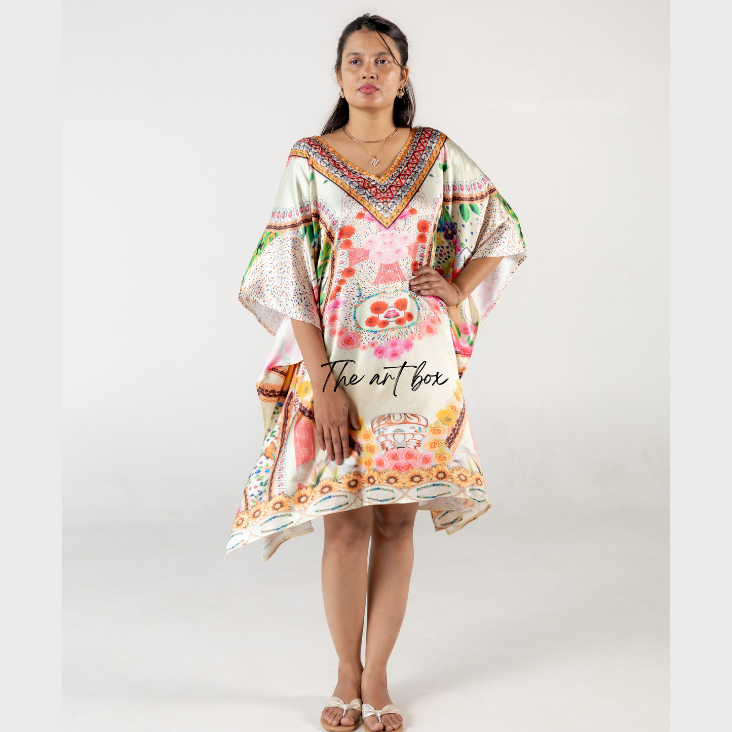 Rose Print Kaftan Dresses for Women Floral Pattern Short Kaftan