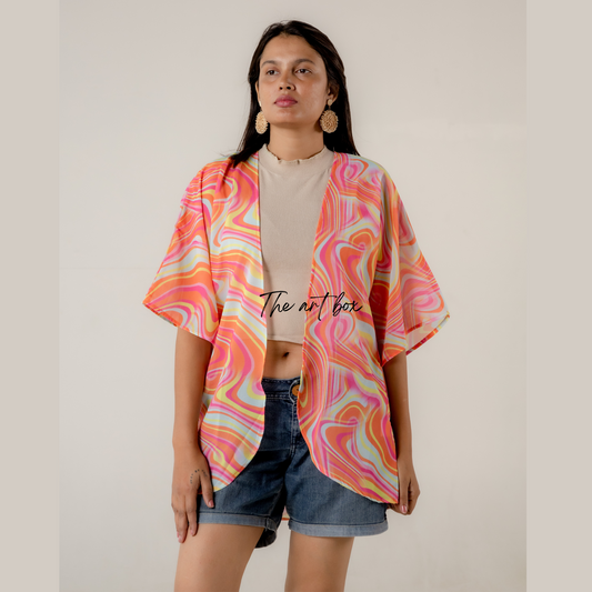 Women's Floral Print Puff Sleeve Kimono Cardigan Beach Wear Swimsuit Cover Up Casual Loose Blouse Tops