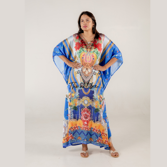 Blue Long  Kaftan Dresses for Women Floral  Print
