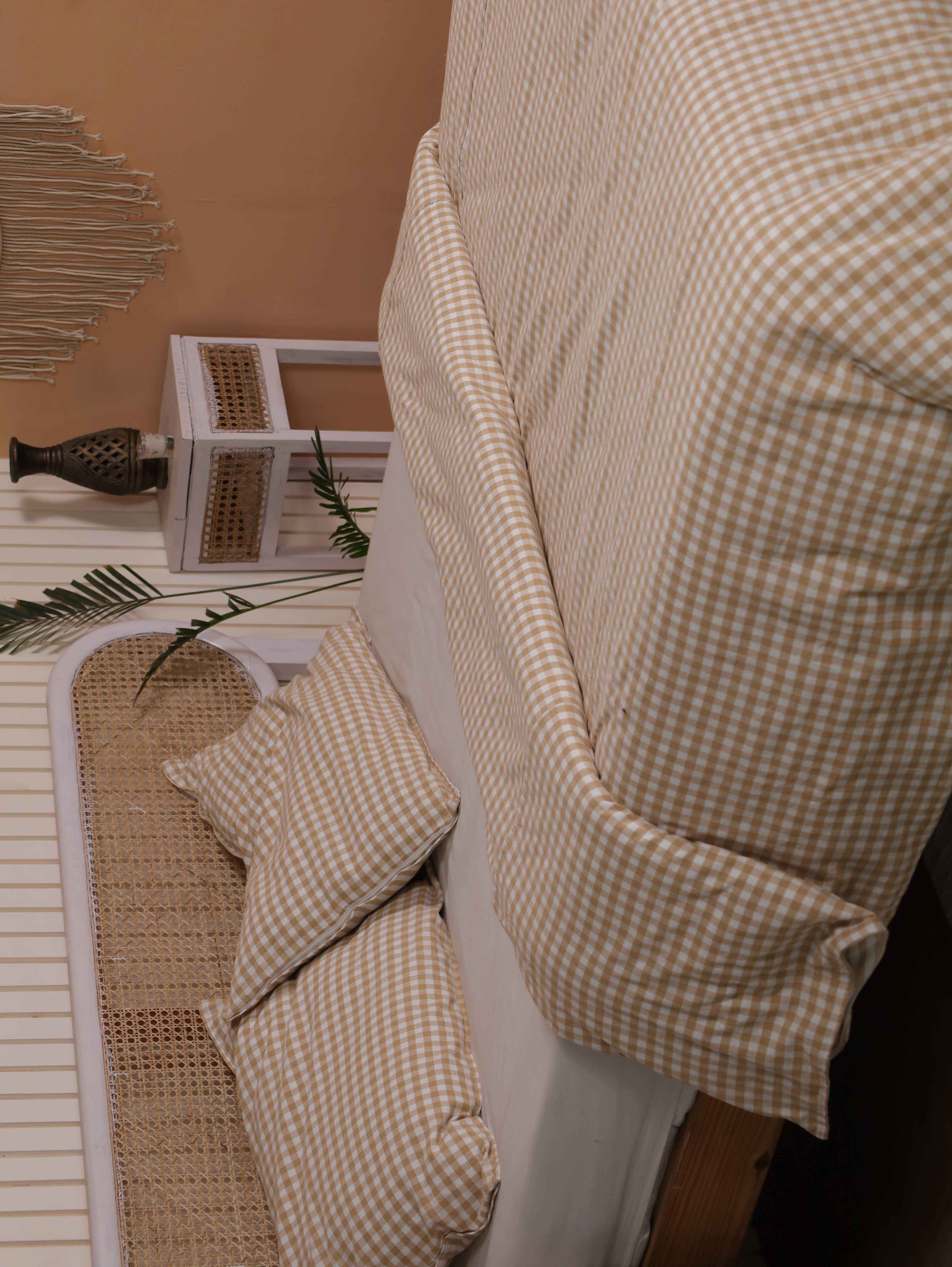 Beige Gingham Cotton Duvet Cover Set - Checkered Cottagecore Bedding