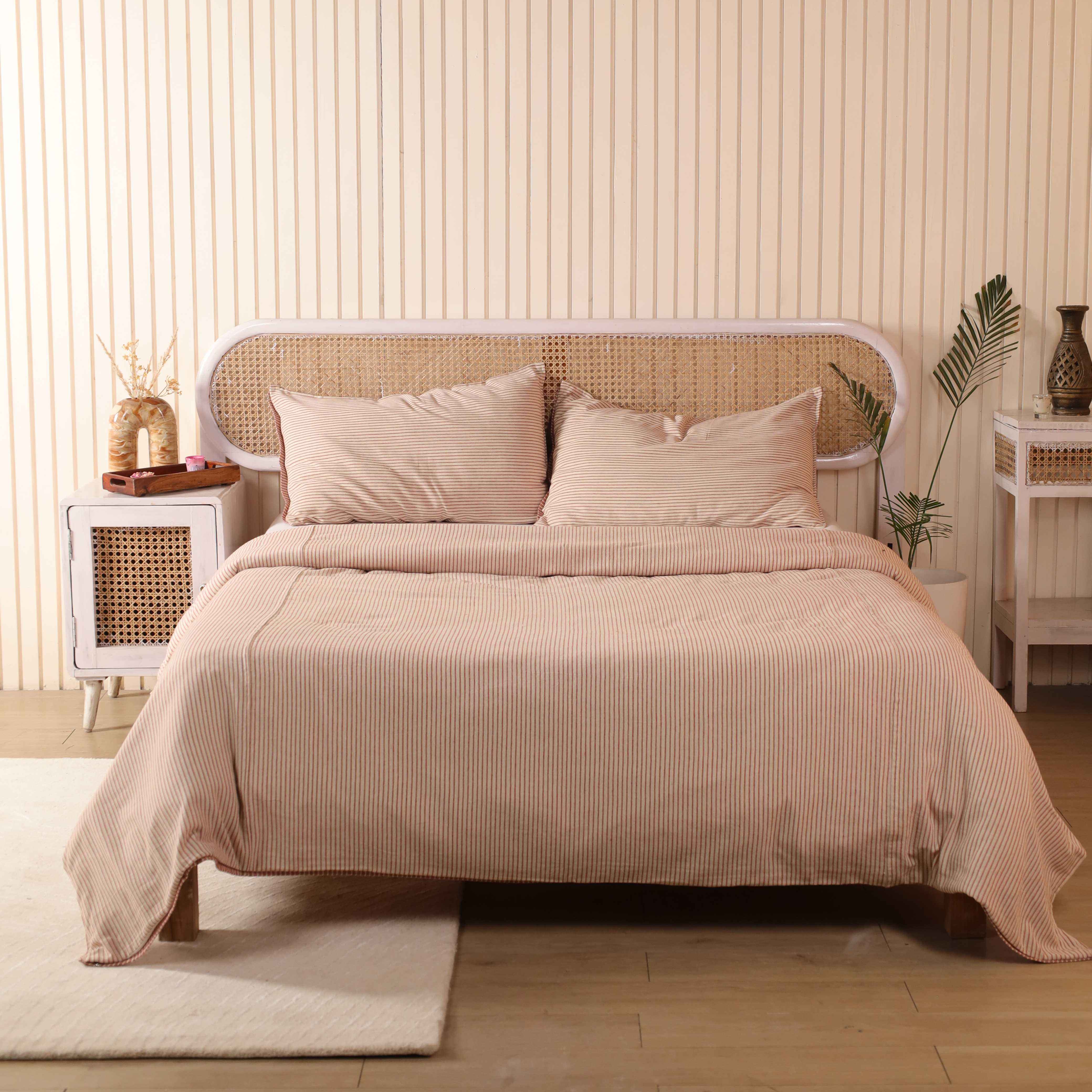 Sand Beige Striped Boho Bedding Set - Soft Cotton Duvet Cover Set