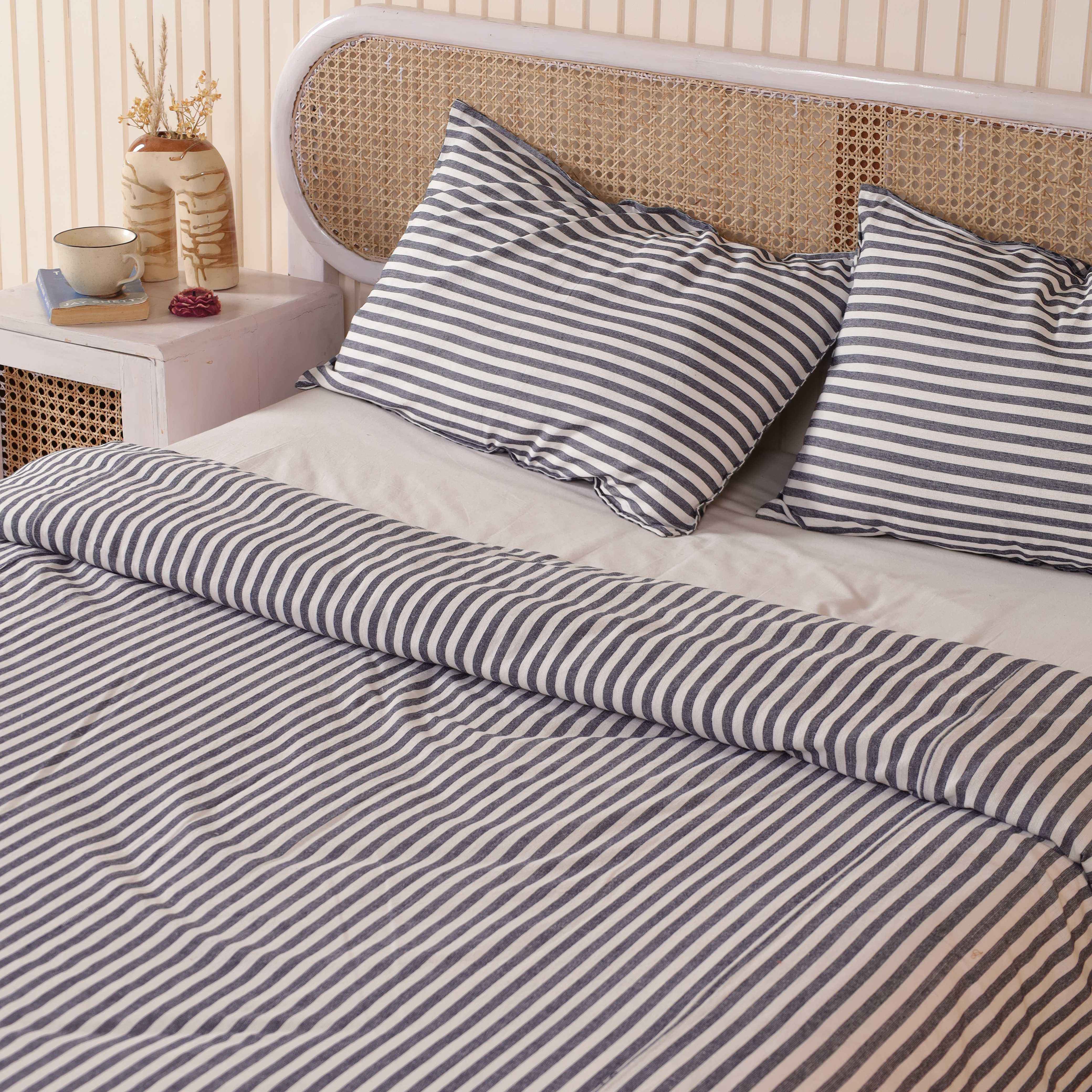 Blue Ticking Stripe Cotton Bedding Set - Coastal Nautical Duvet & Shams