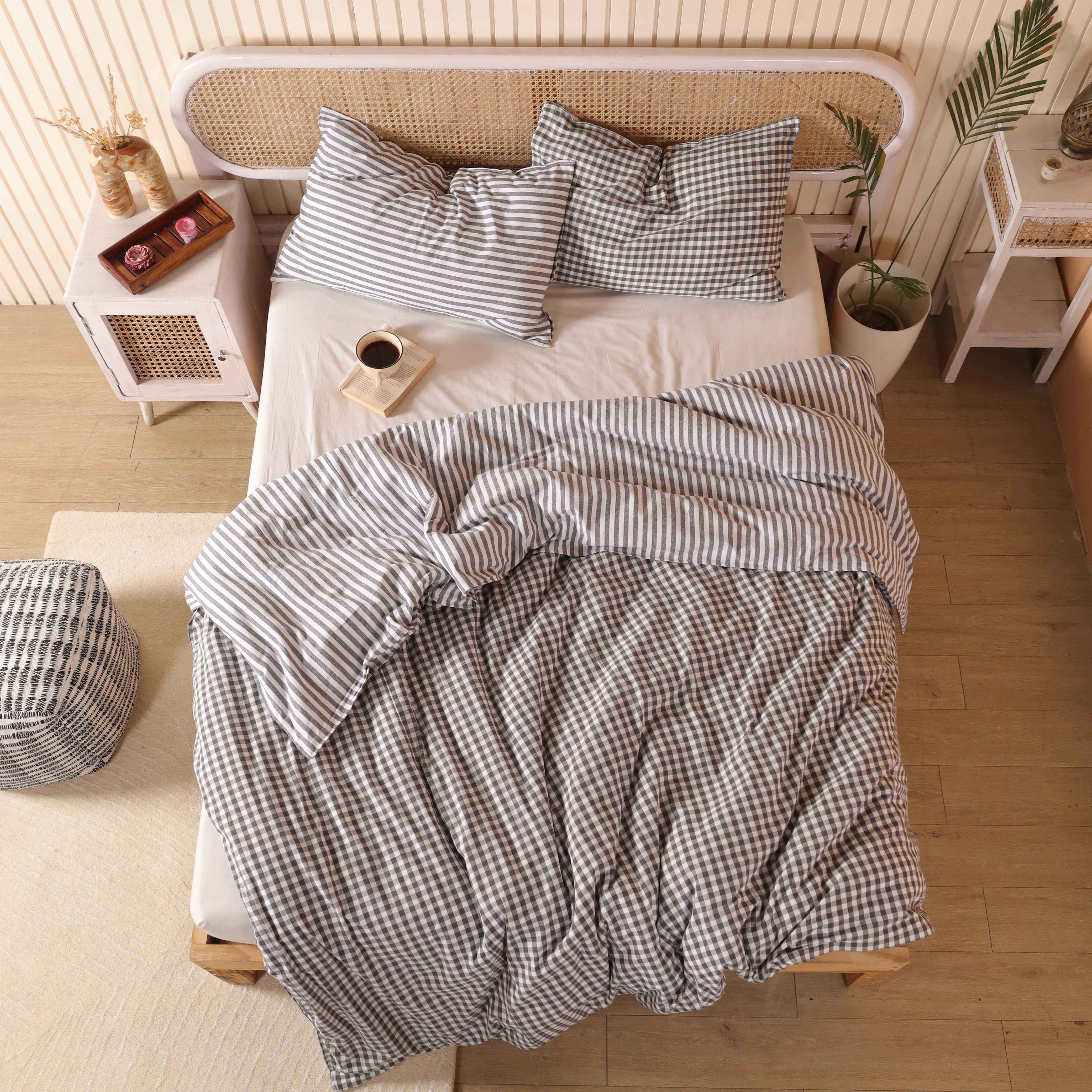 Blue-Grey Ticking Stripe & Gingham Reversible Cotton Bedding Set