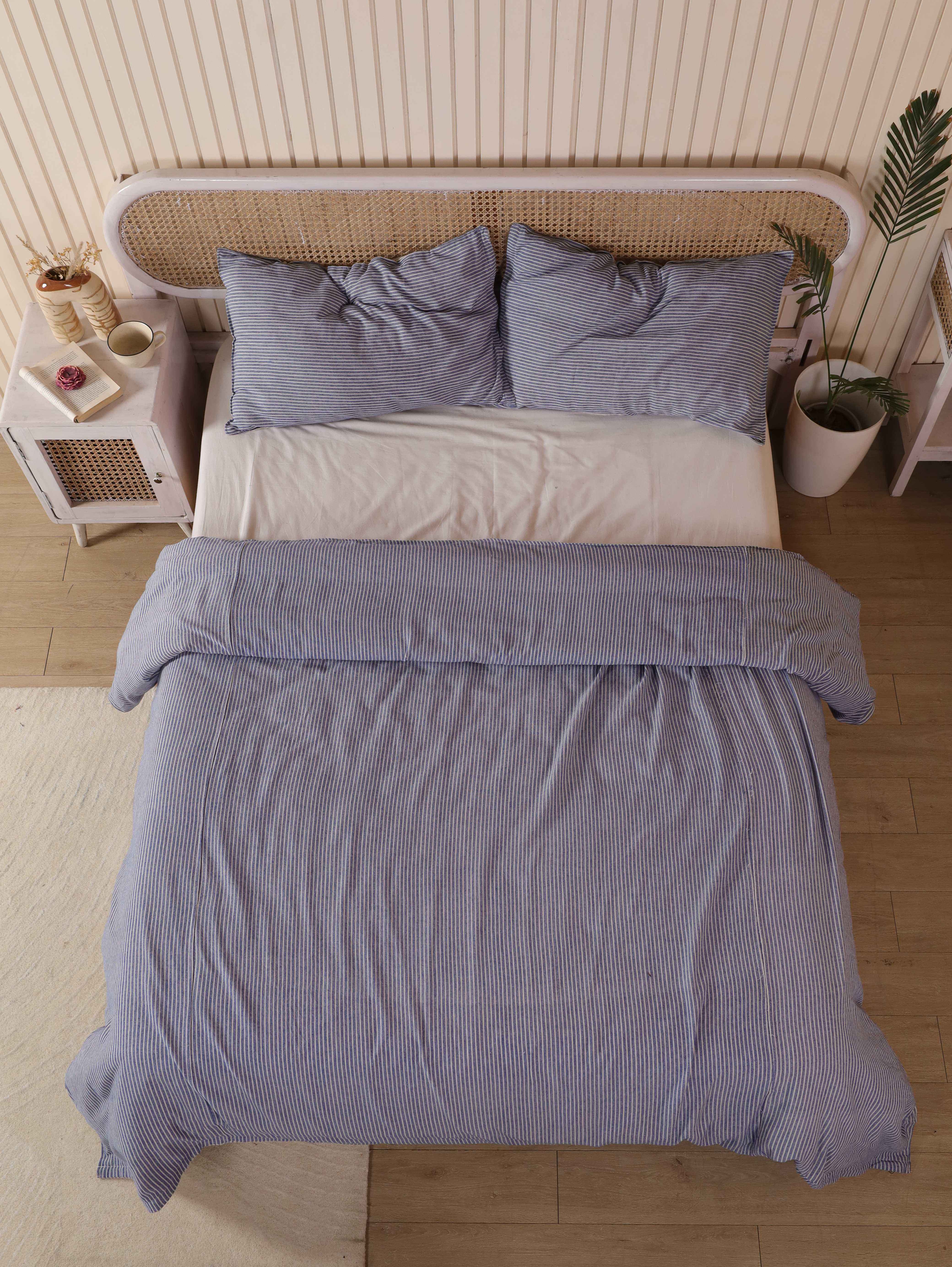 Blue Pinstripe Cotton Duvet Cover Set - Striped Coastal Bedding