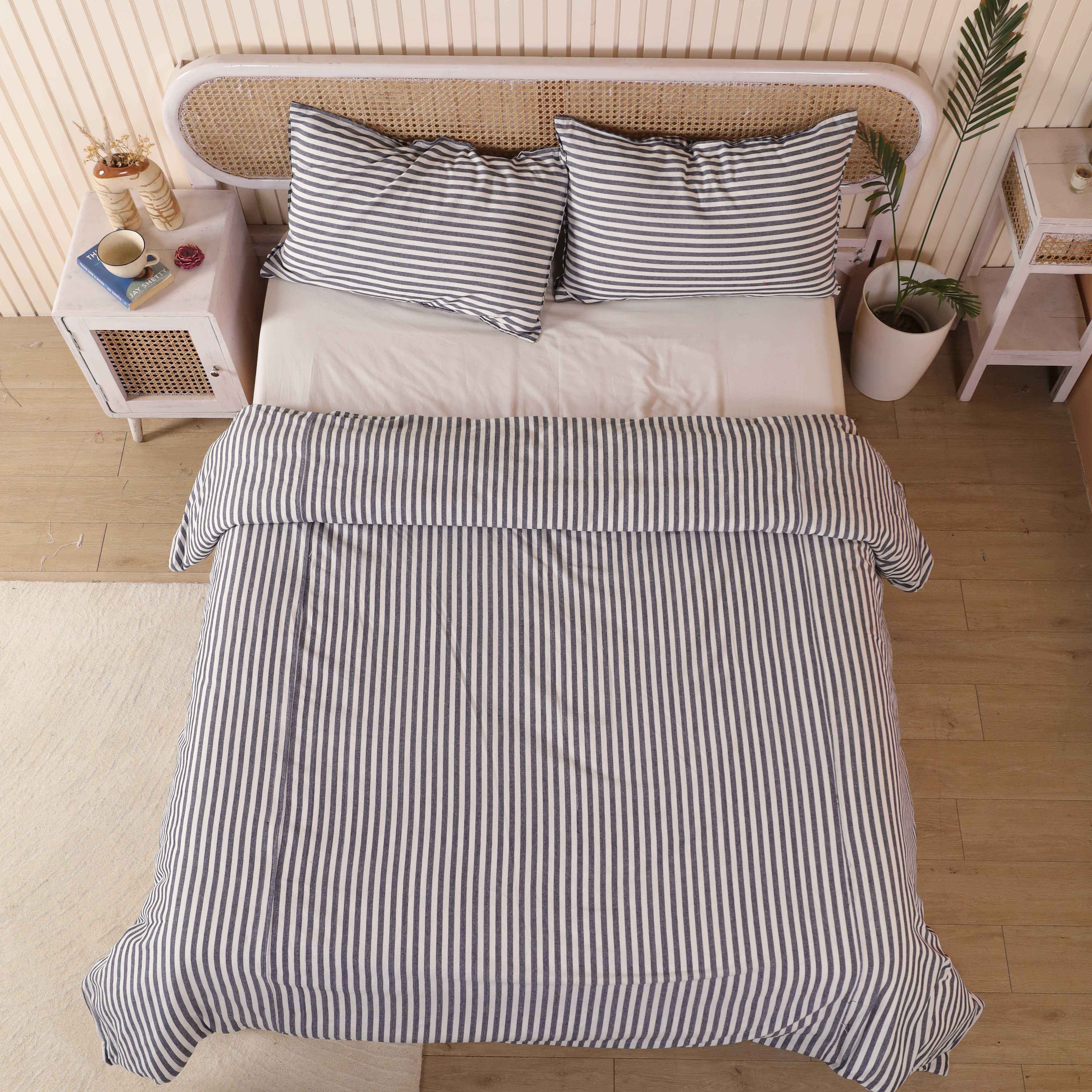 Blue Ticking Stripe Cotton Bedding Set - Coastal Nautical Duvet & Shams