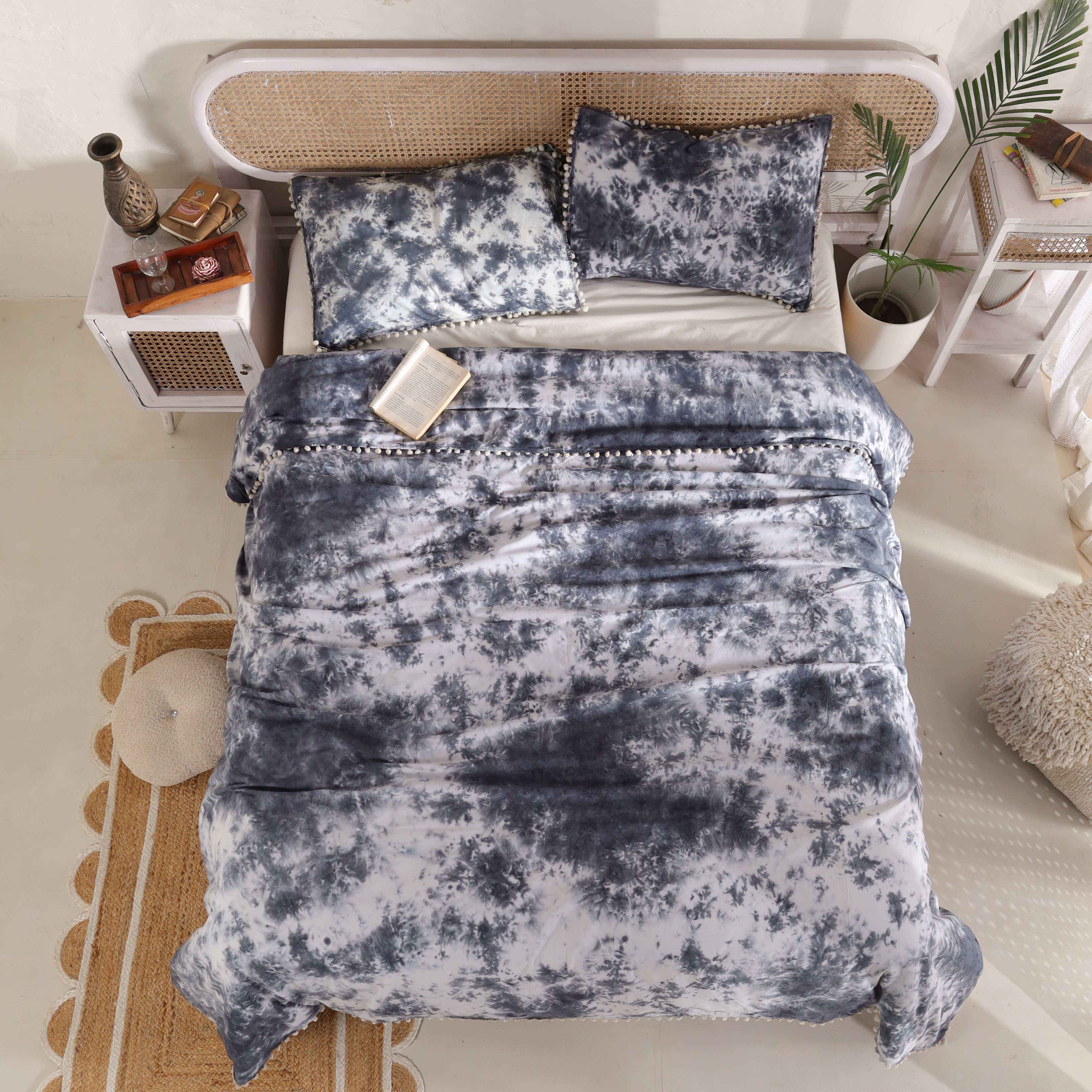 Blue Tie Dye Cotton Duvet Cover Set - 3pc Boho Pom Pom Fringe Bedding