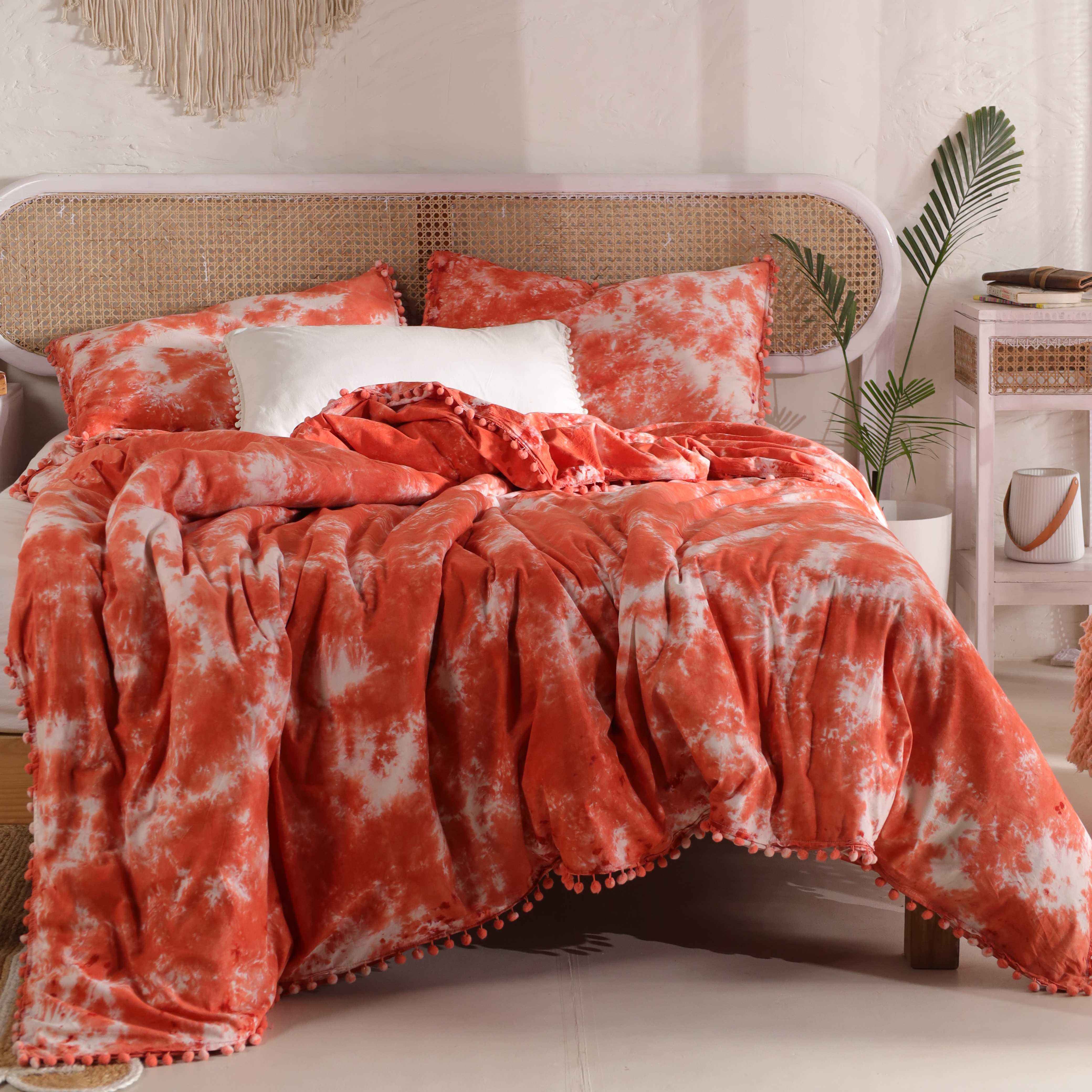 Orange Tie Dye Boho Duvet Cover Set - Cotton Comforter & Pillow Shams