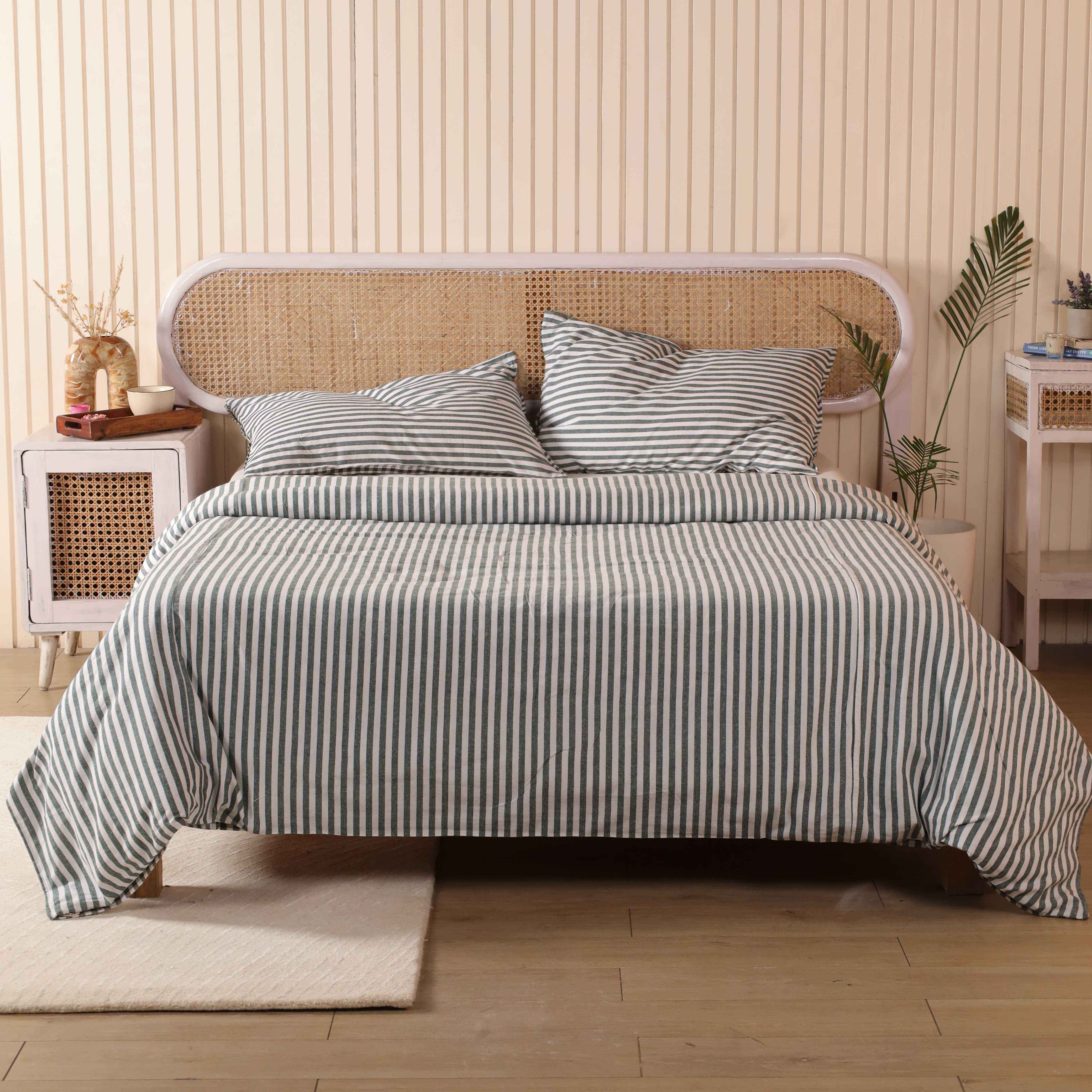Sage Green Striped Cotton Bedding Set - Boho Duvet Cover & Shams