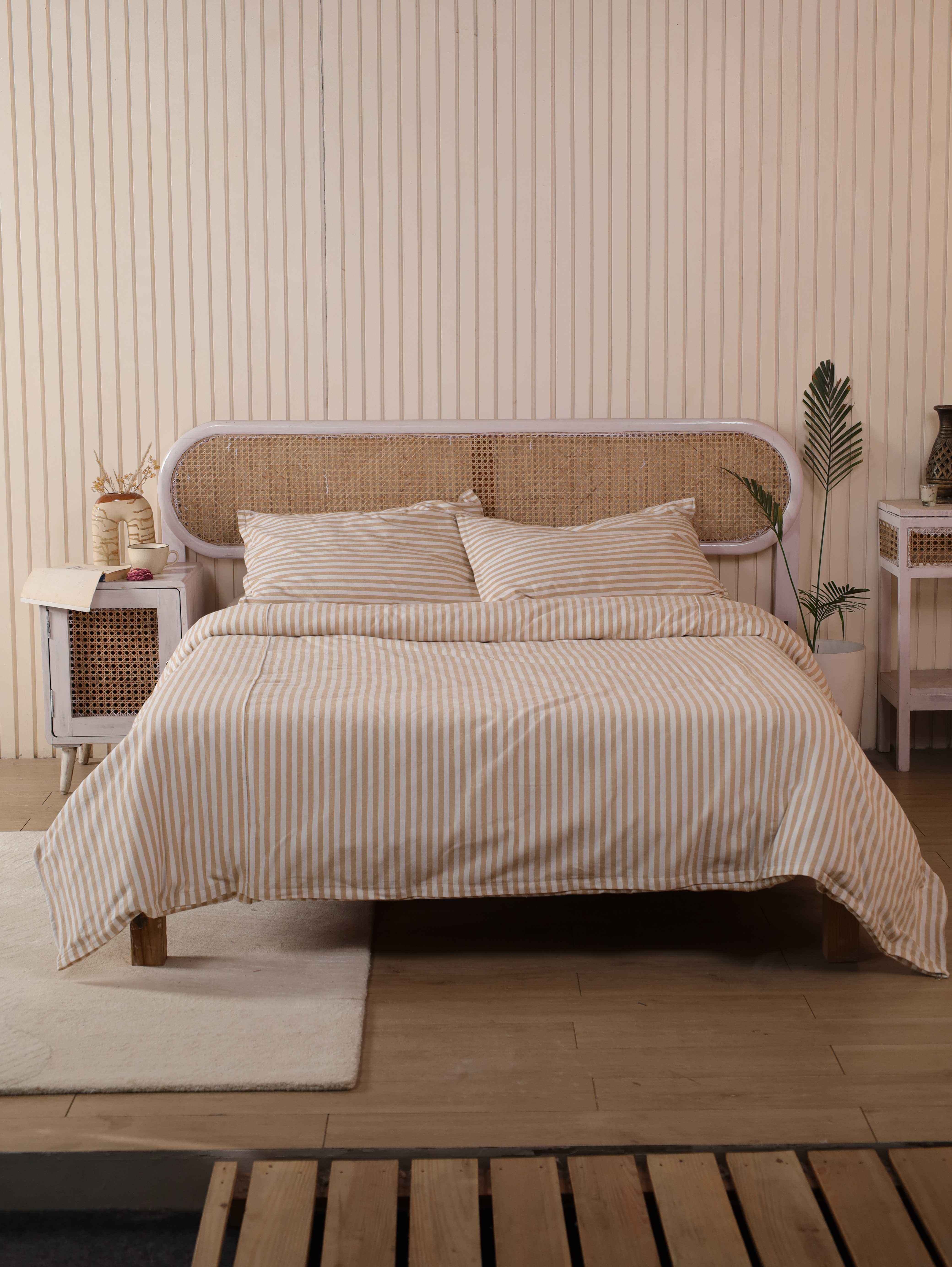 Tan Bold Stripe Cotton Duvet Set - Warm Neutral Striped Bedding