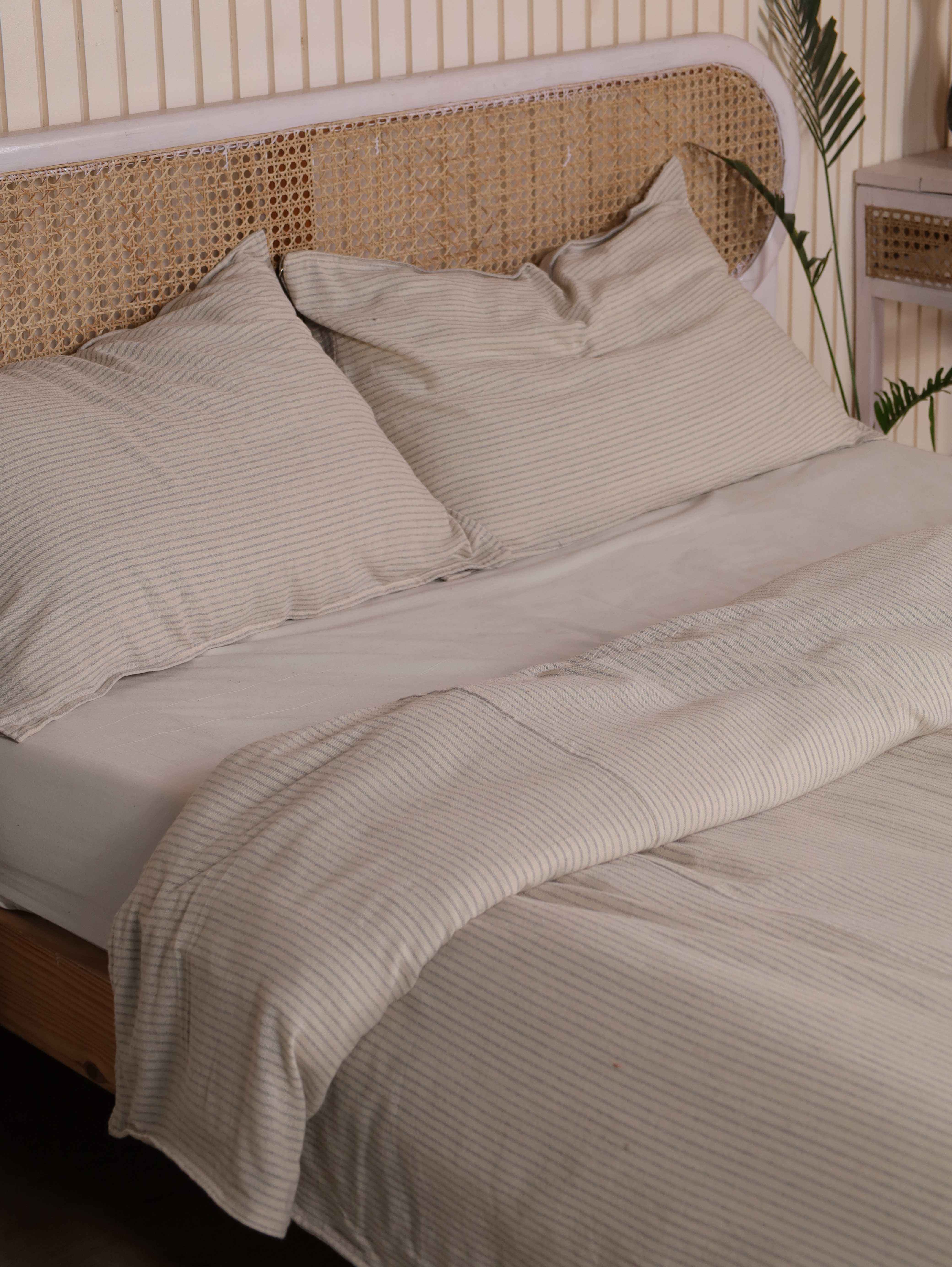 Beige Pinstripe Cotton Duvet Cover Set - Oatmeal Striped Bedding