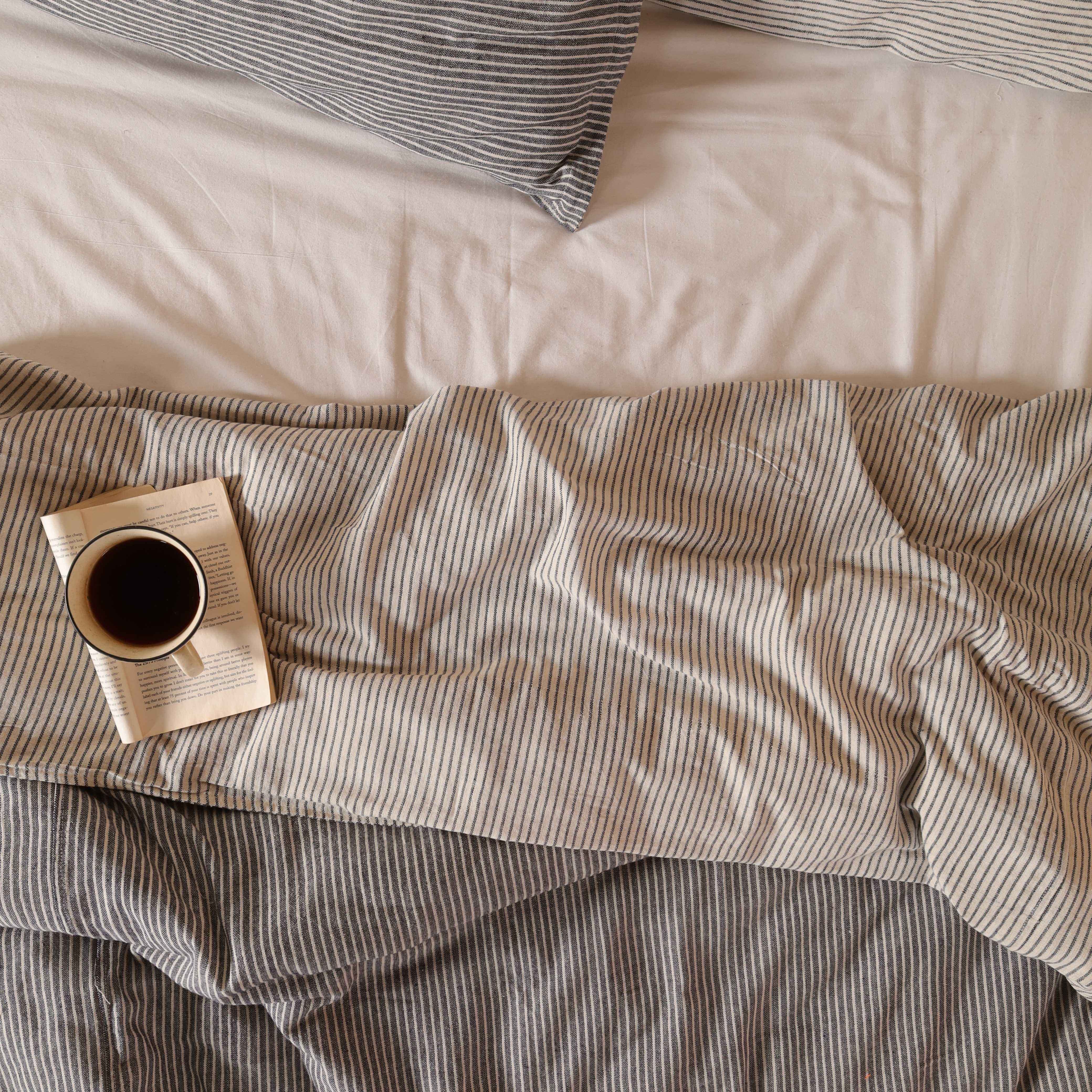 Reversible Slate & Beige Pinstripe Bedding - 2-in-1 Cotton Duvet Set