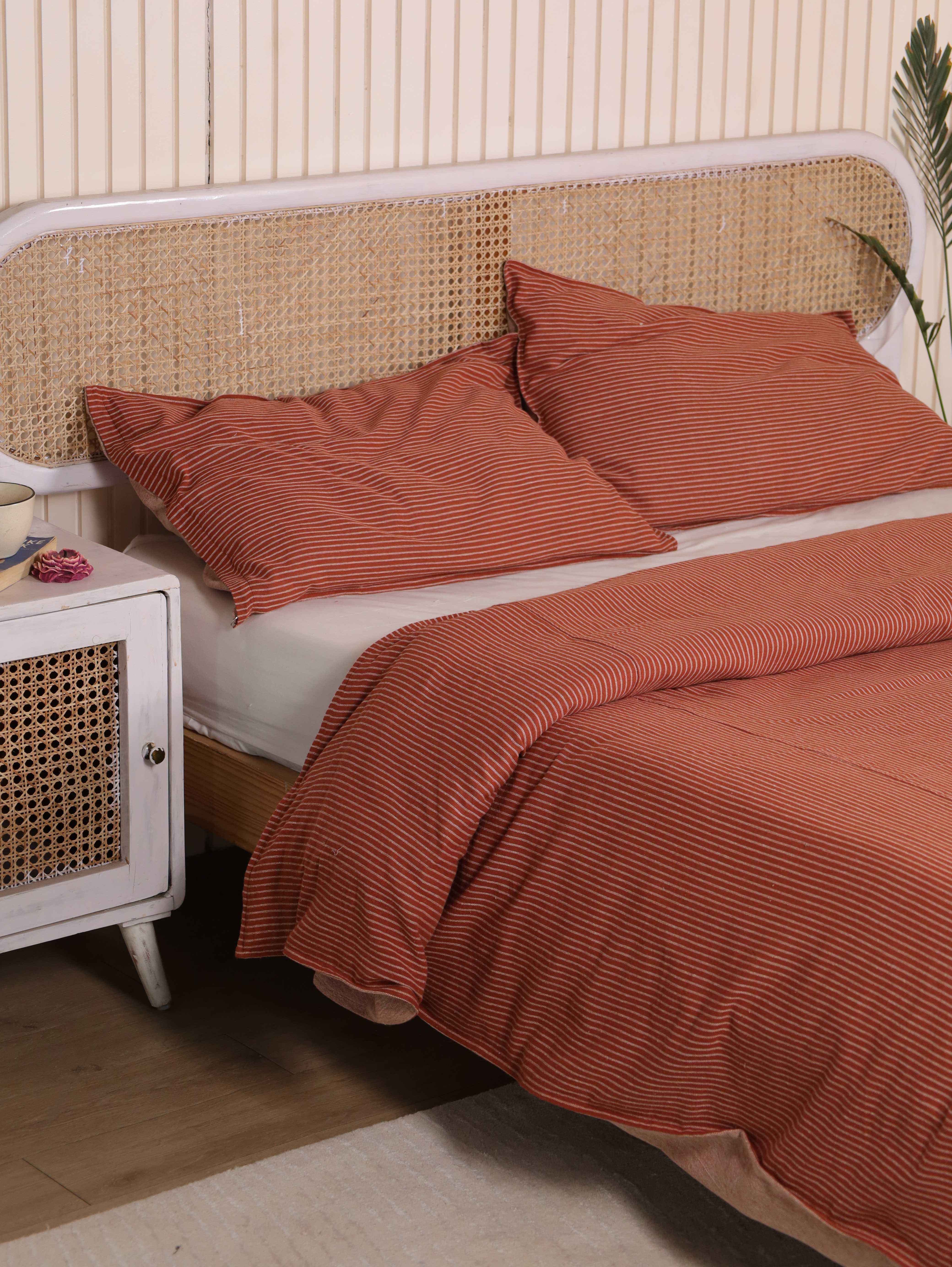 Terracotta Pinstripe Cotton Bedding Set - Rust Boho Duvet Cover