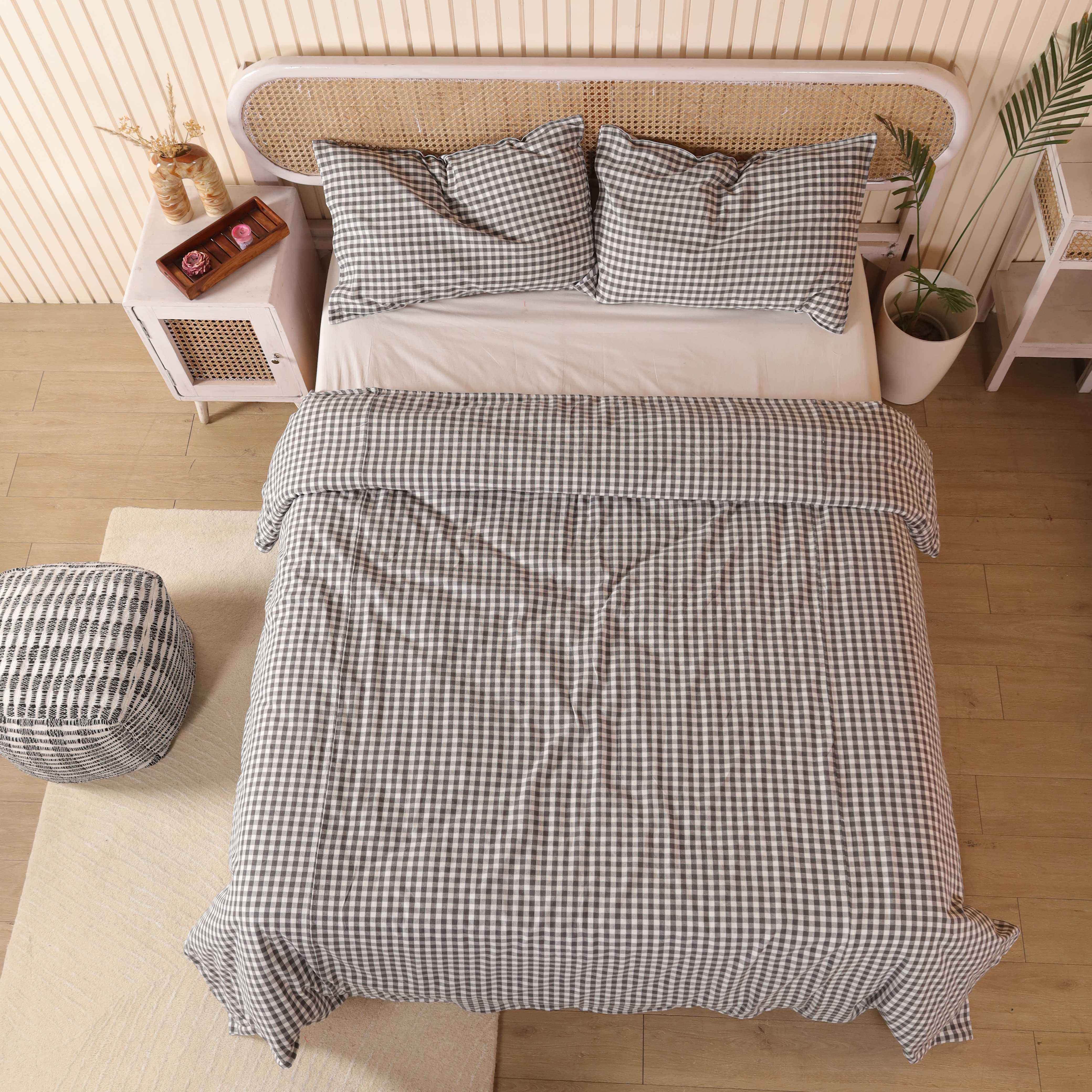 Charcoal Grey Gingham Cotton Bedding Set - Checkered Boho Duvet Cover