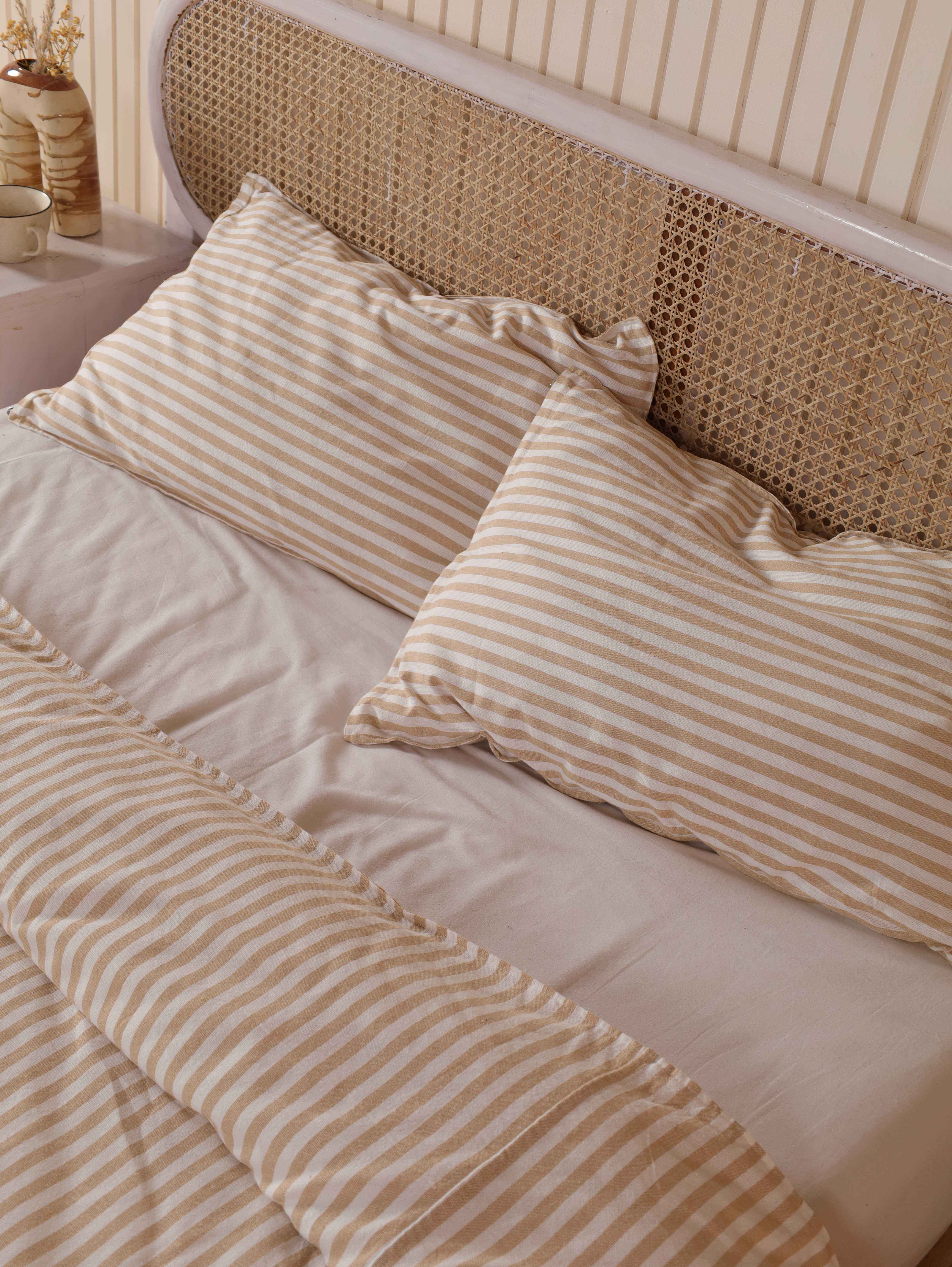 Cotton Striped Duvet Cover Set - Luxury Tan & White Neutral Bedding for Minimalist Bedroom Decor