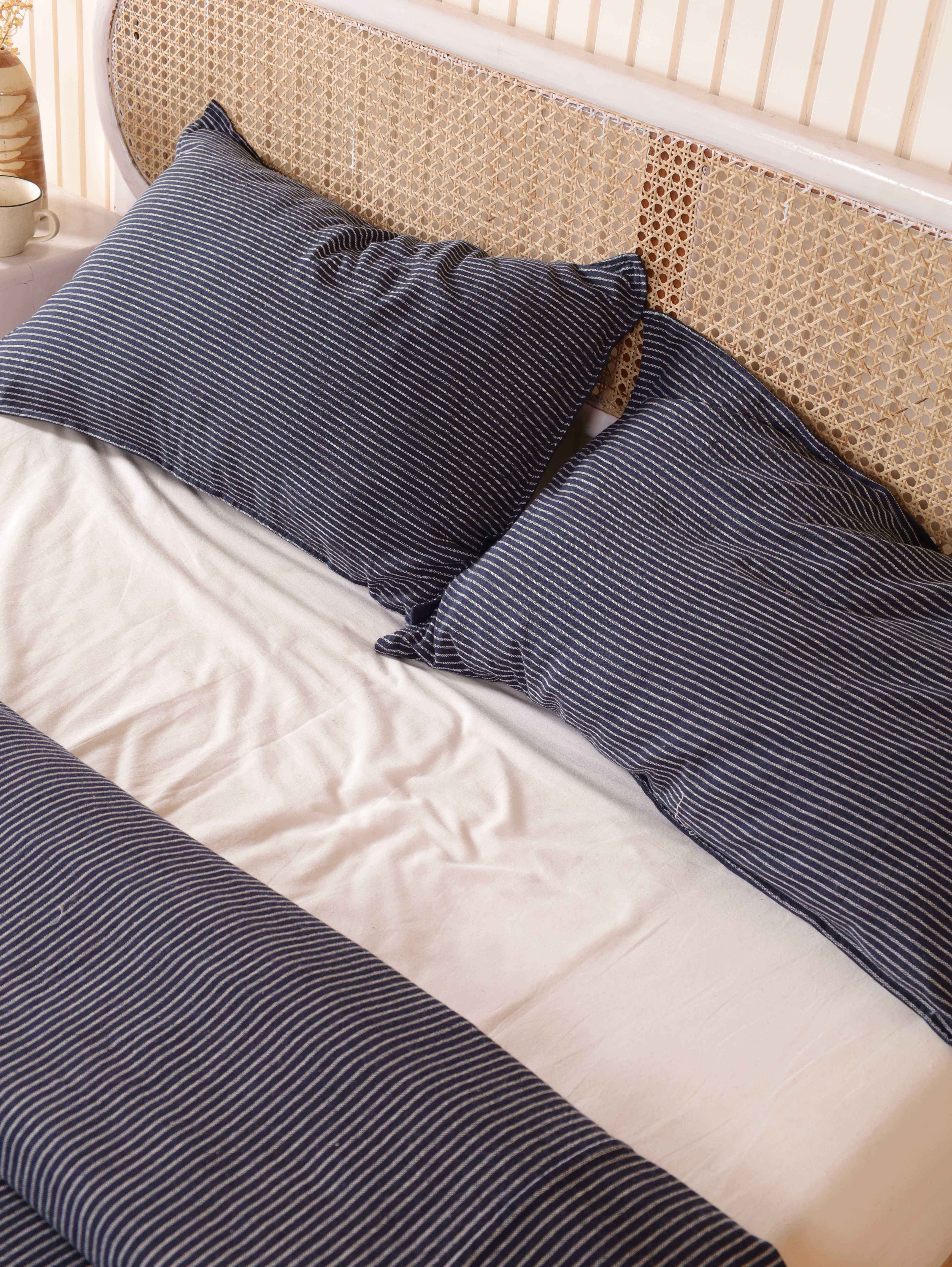 Navy Blue Pinstripe Cotton Bedding Set - Coastal Nautical Duvet