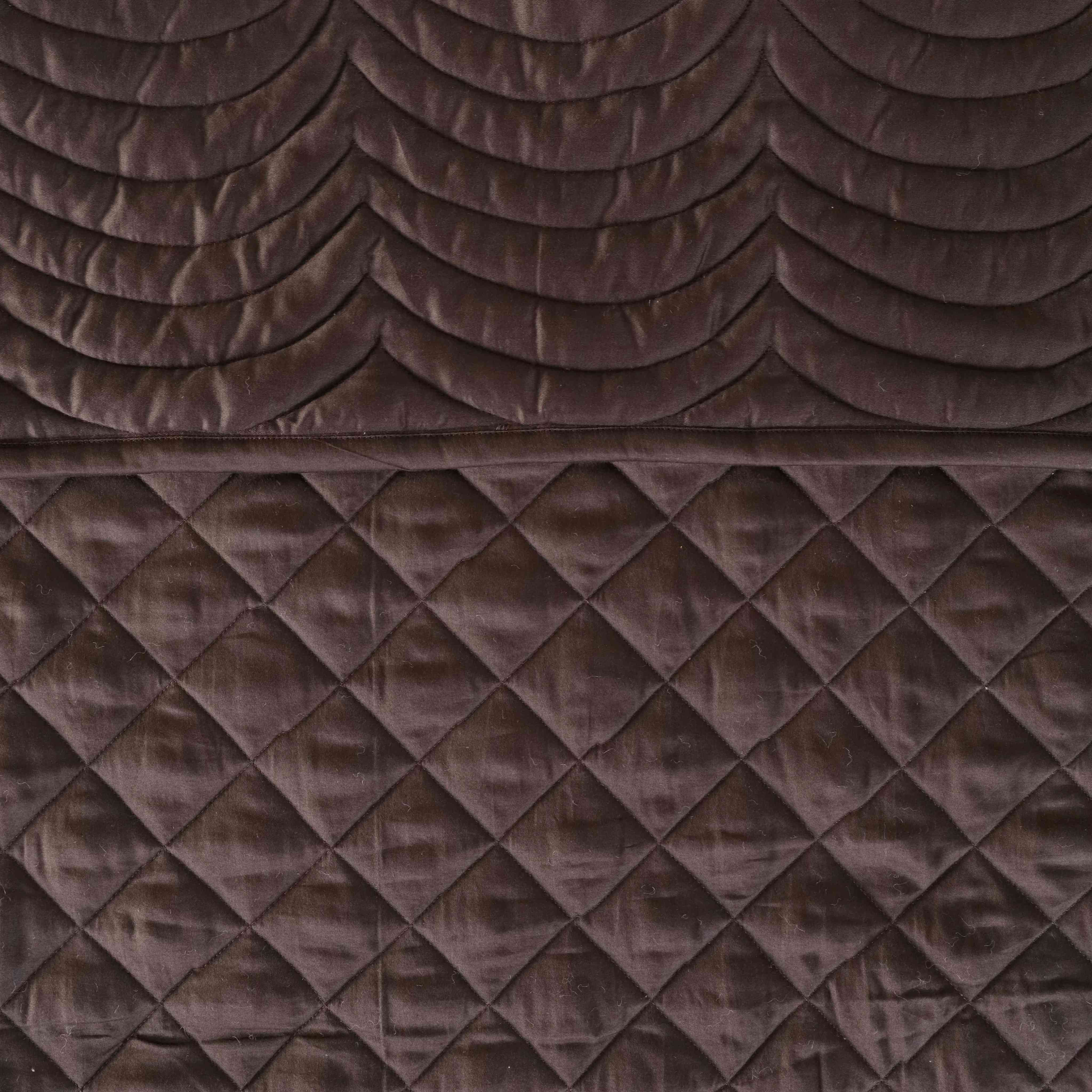 Two chocolate brown satin pillow covers with a contrasting cream-white quilted center panel.