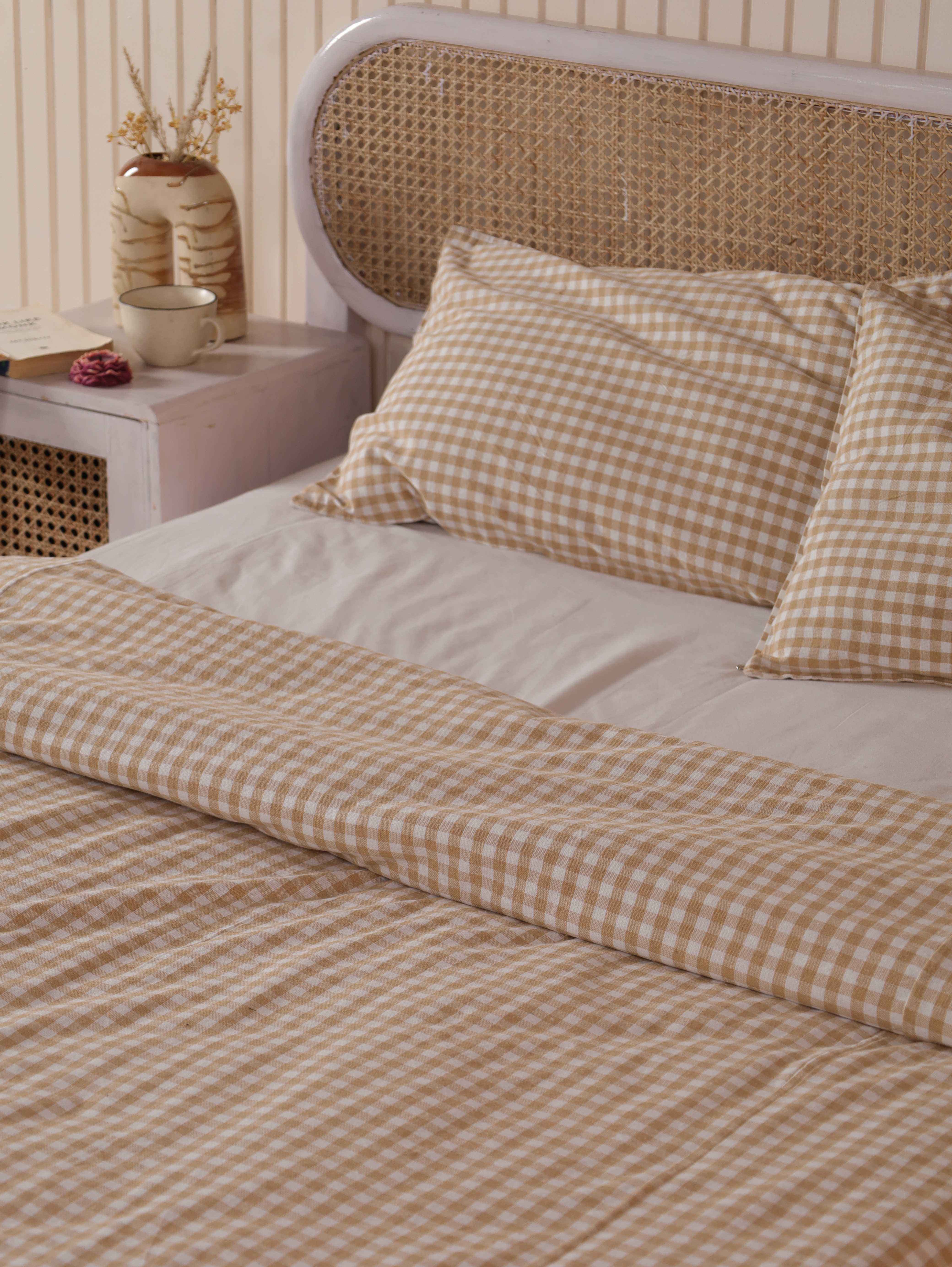 Beige Gingham Cotton Duvet Cover Set - Checkered Cottagecore Bedding