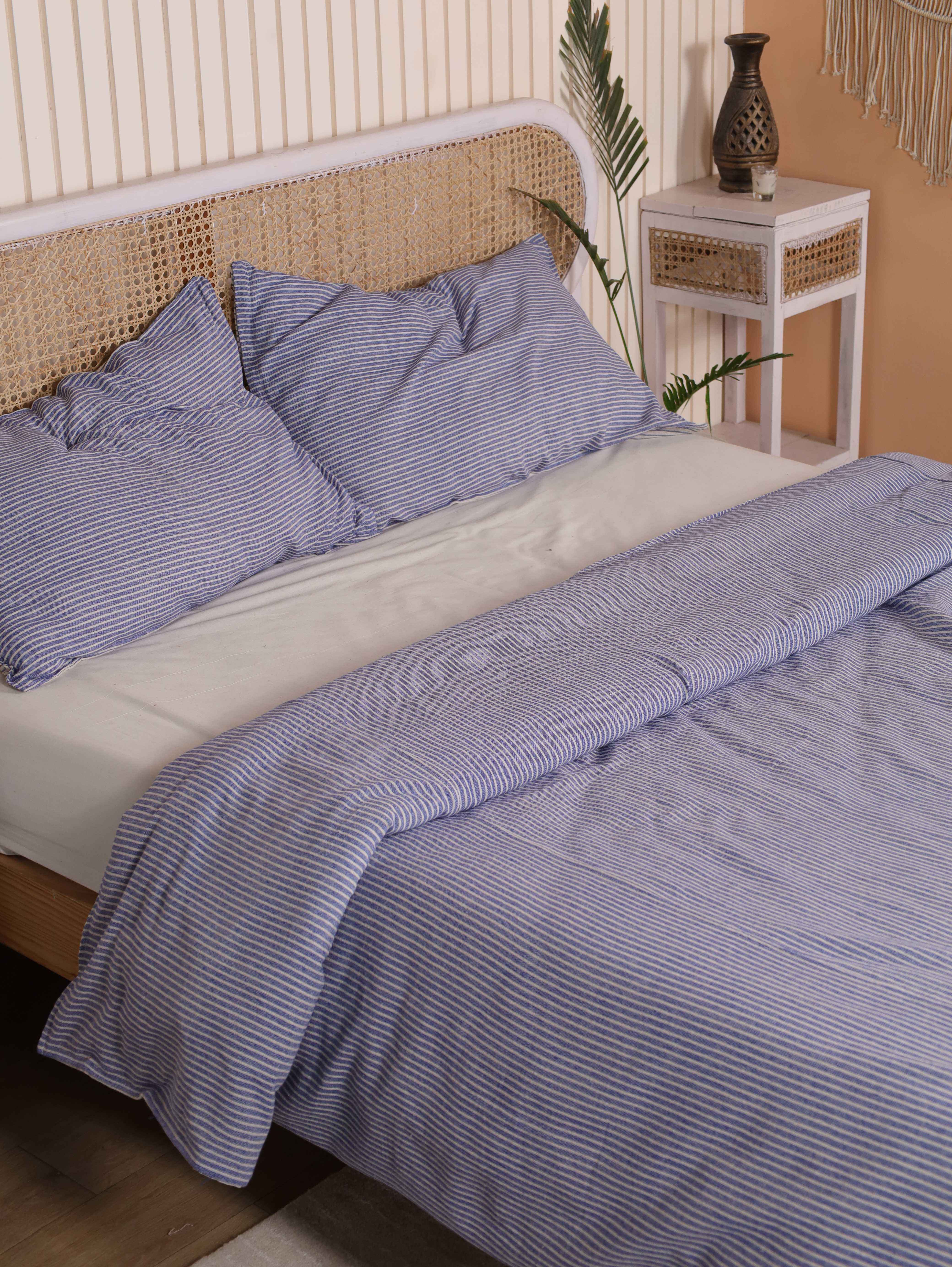 Blue Pinstripe Cotton Duvet Cover Set - Striped Coastal Bedding