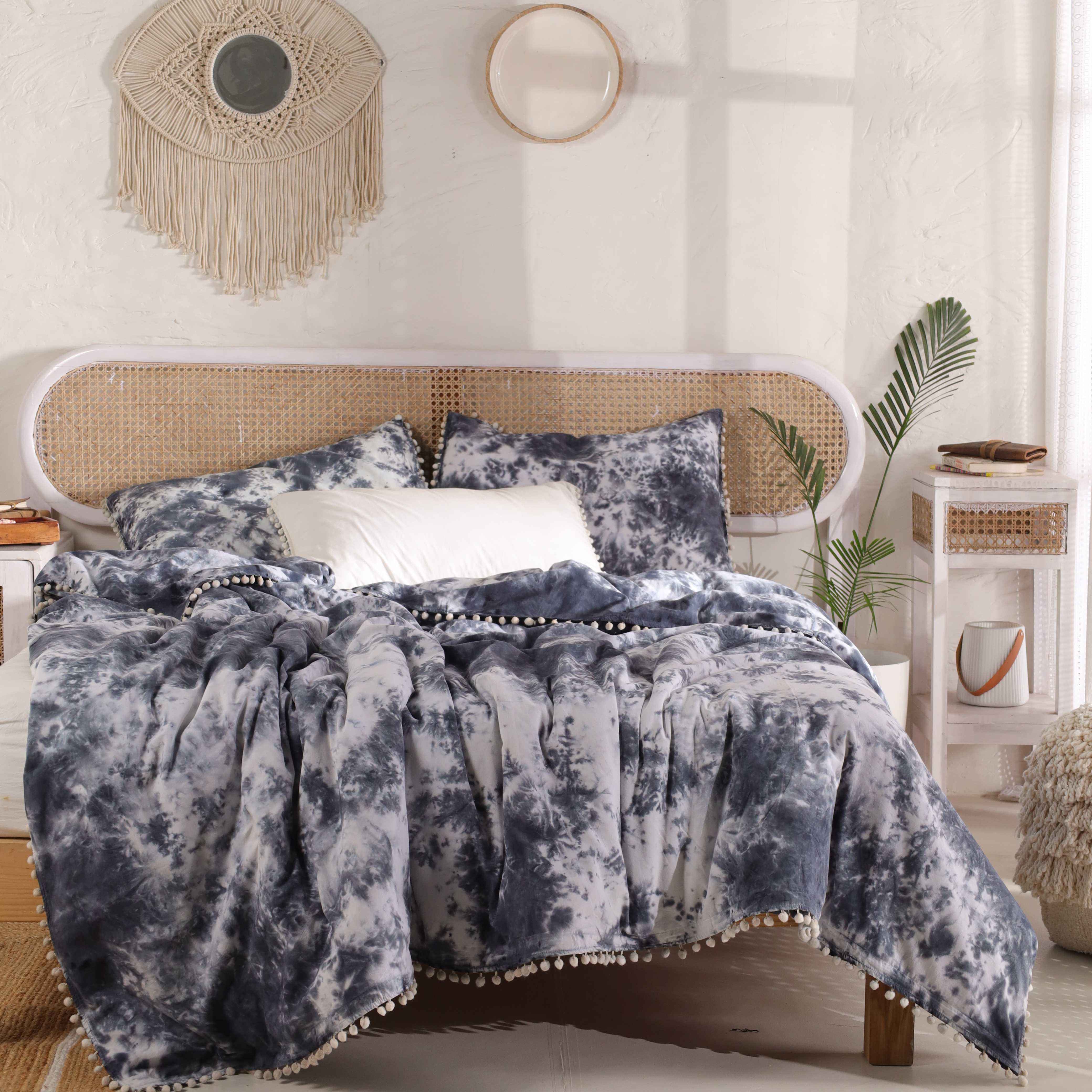 Blue Tie Dye Cotton Duvet Cover Set - 3pc Boho Pom Pom Fringe Bedding