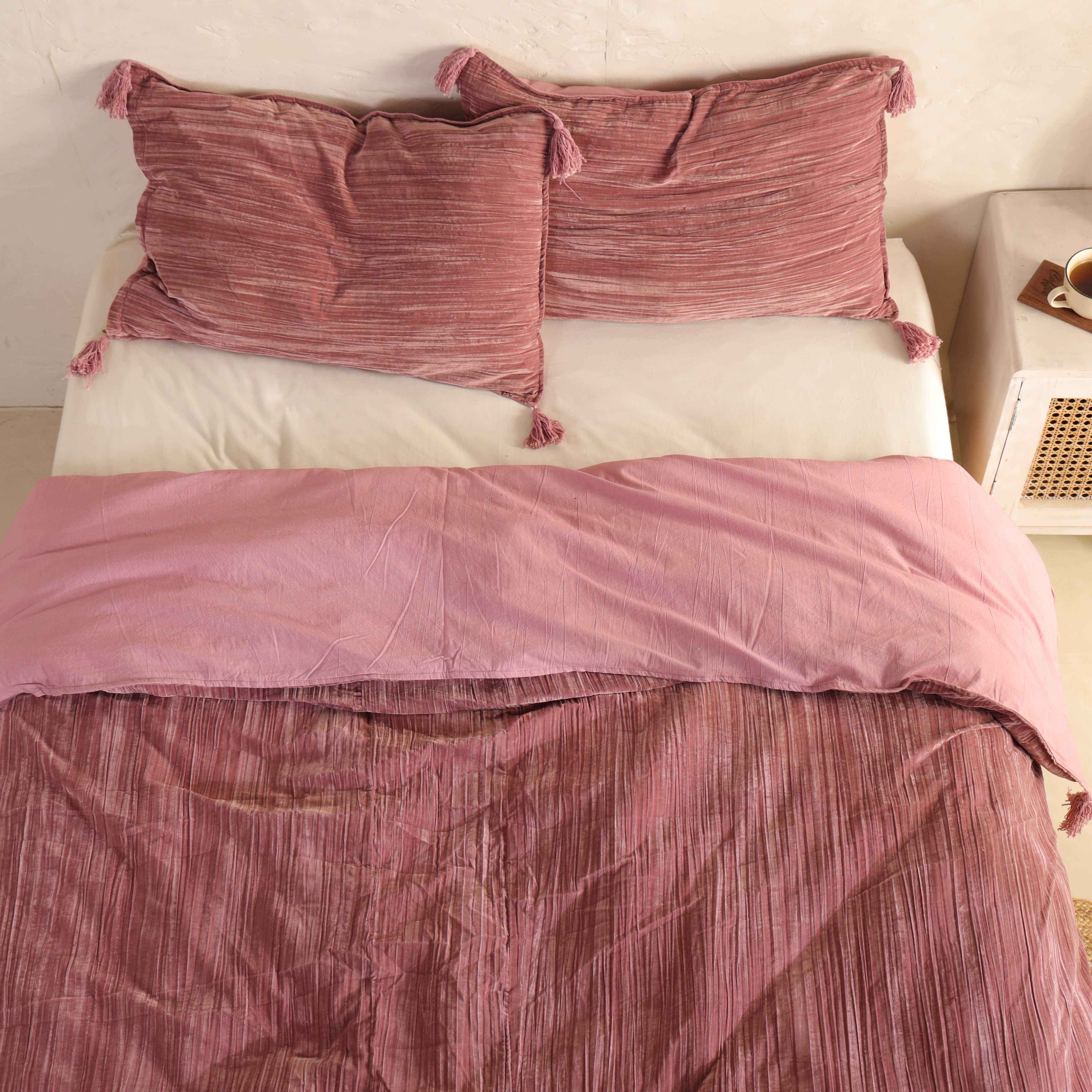 Velvet Duvet Cover Set - Luxury Dusty Rose Boho Bedding with Tassels - 3 Piece Soft Textured Bedding Set