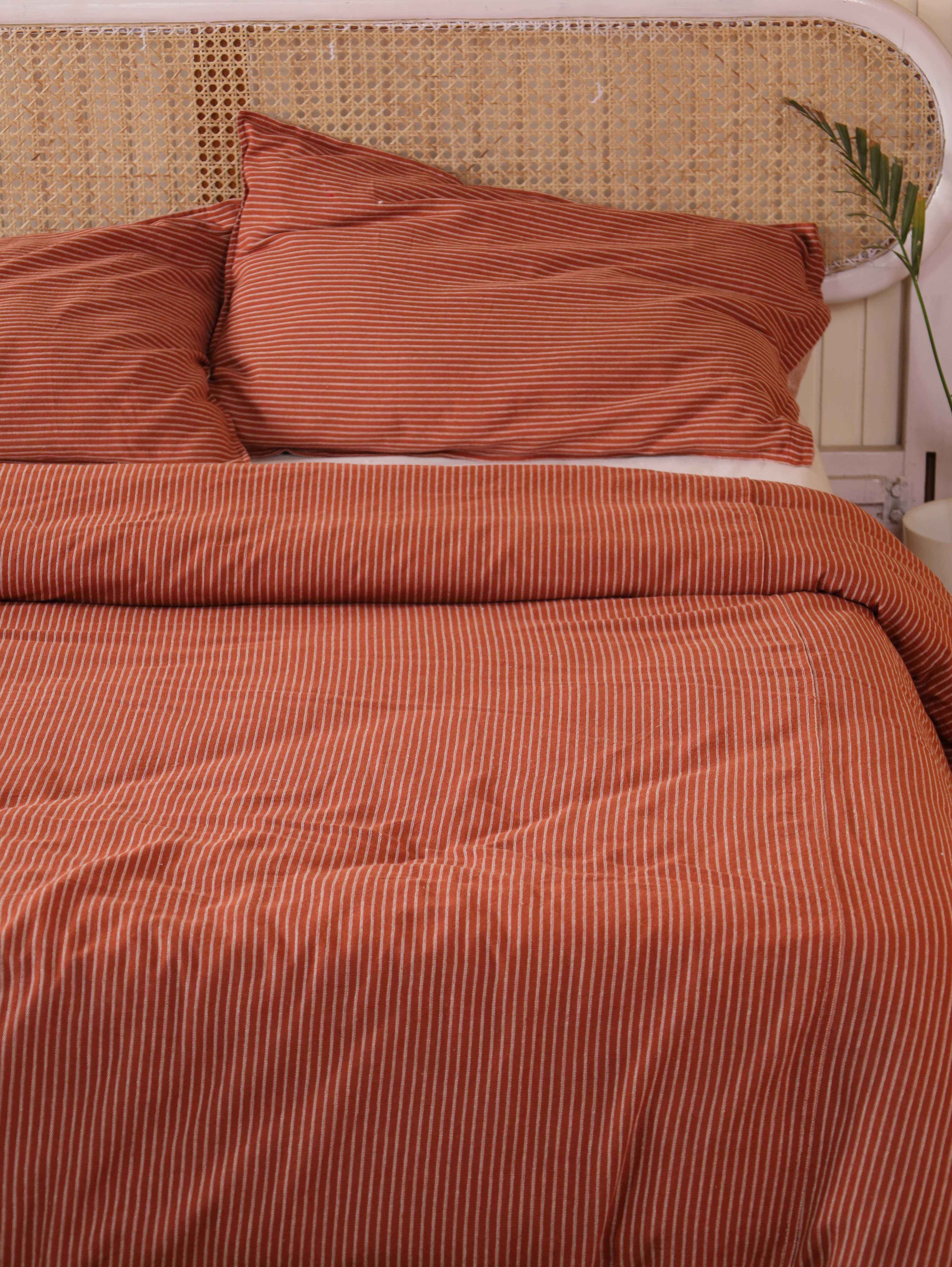 Terracotta Pinstripe Cotton Bedding Set - Rust Boho Duvet Cover