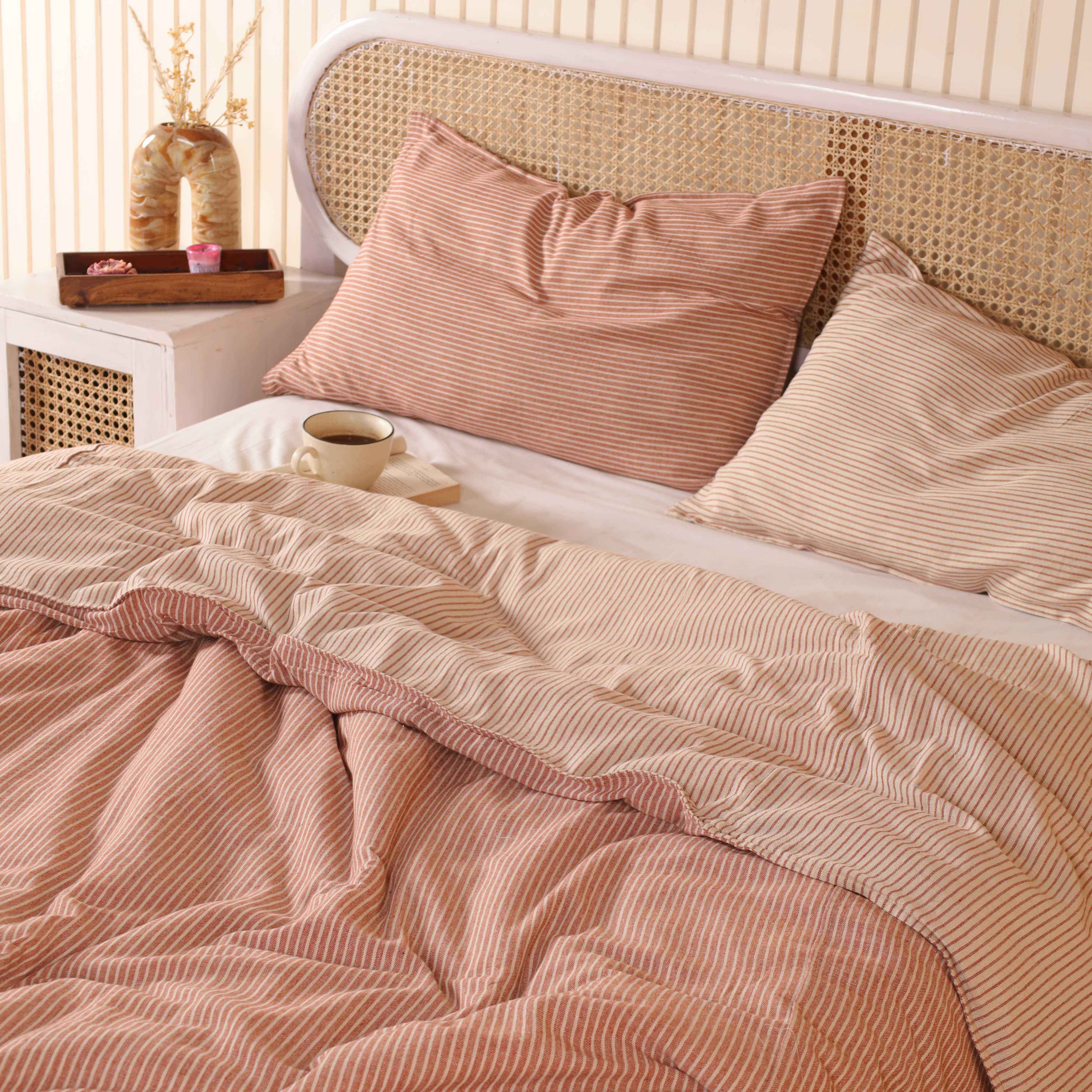 Reversible Terracotta & Beige Striped Bedding Set - Mixed Cotton Duvet
