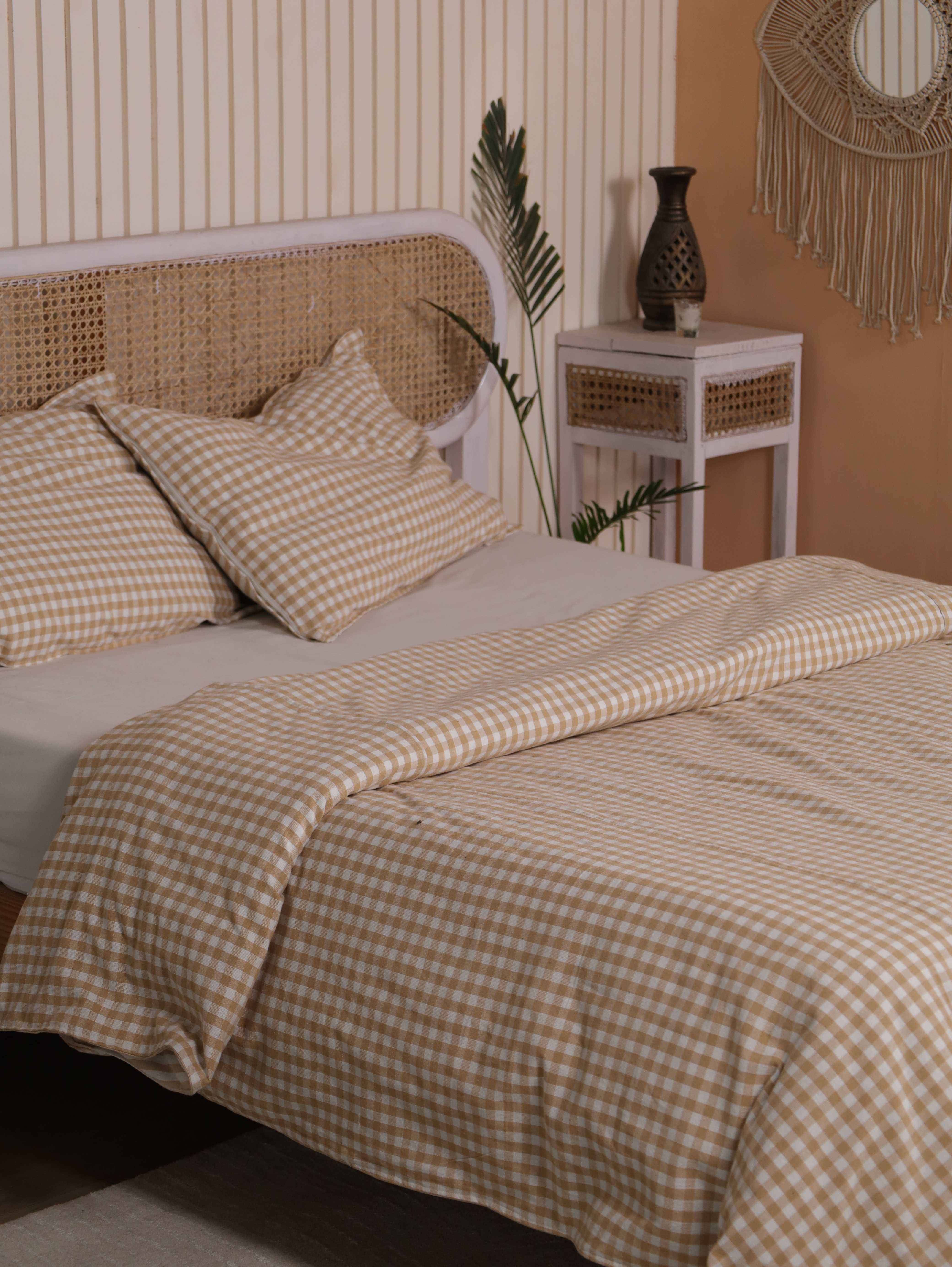 Beige Gingham Cotton Duvet Cover Set - Checkered Cottagecore Bedding