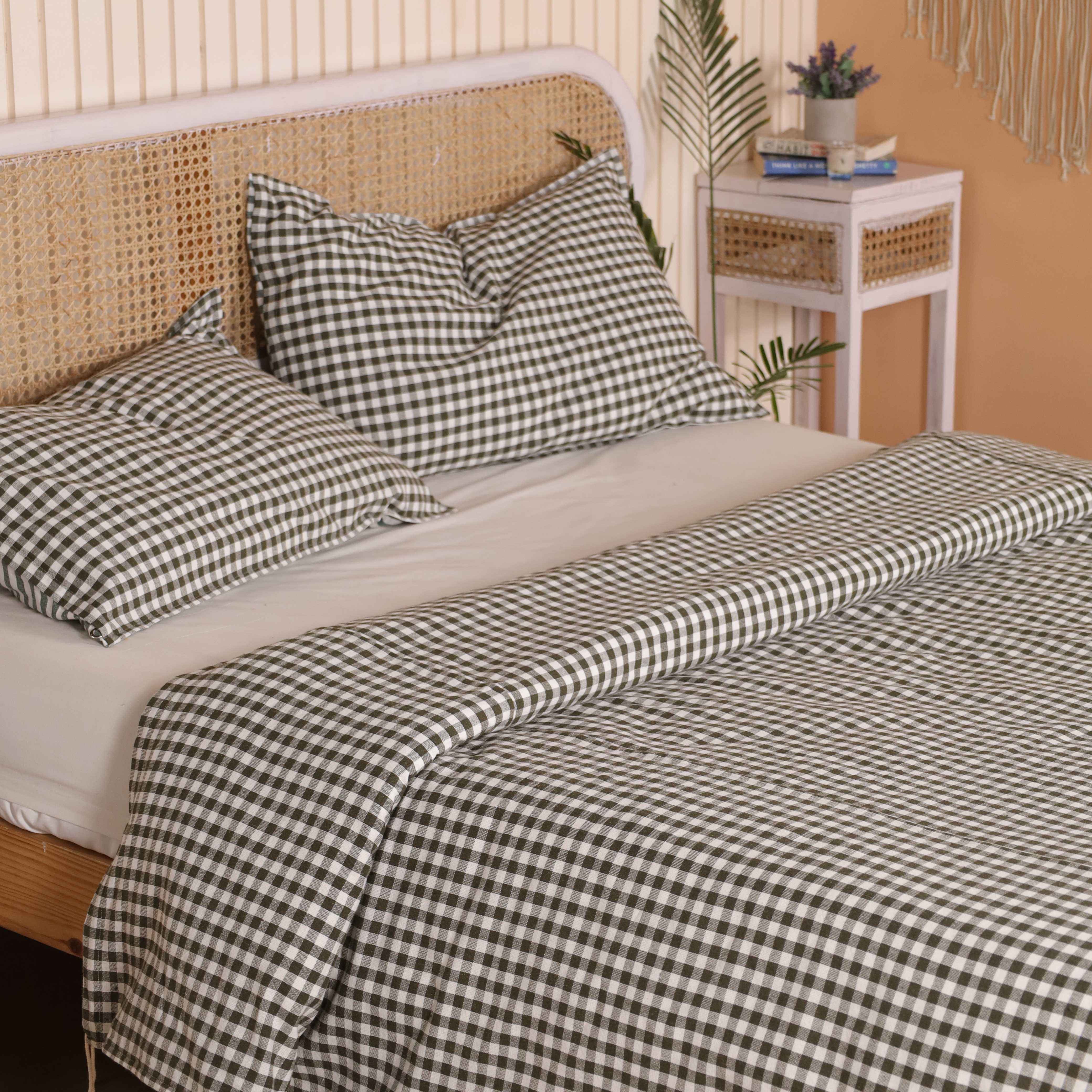 Olive Green Gingham Cotton Duvet Set - Checkered Boho Bedding