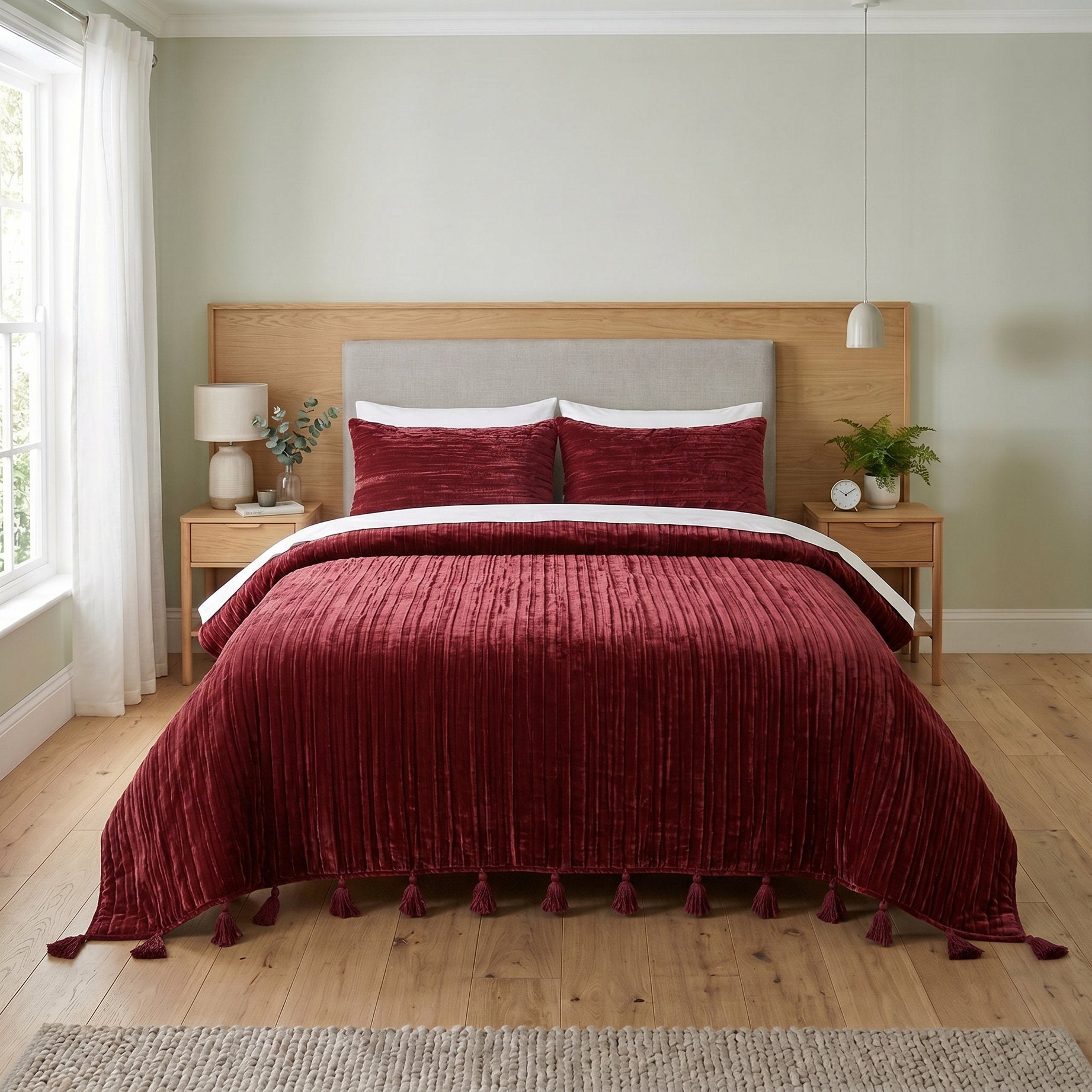 Velvet Duvet Cover Set - Luxury Burgundy Red Boho Bedding with Tassels - 3 Piece Soft Textured Bedding Set