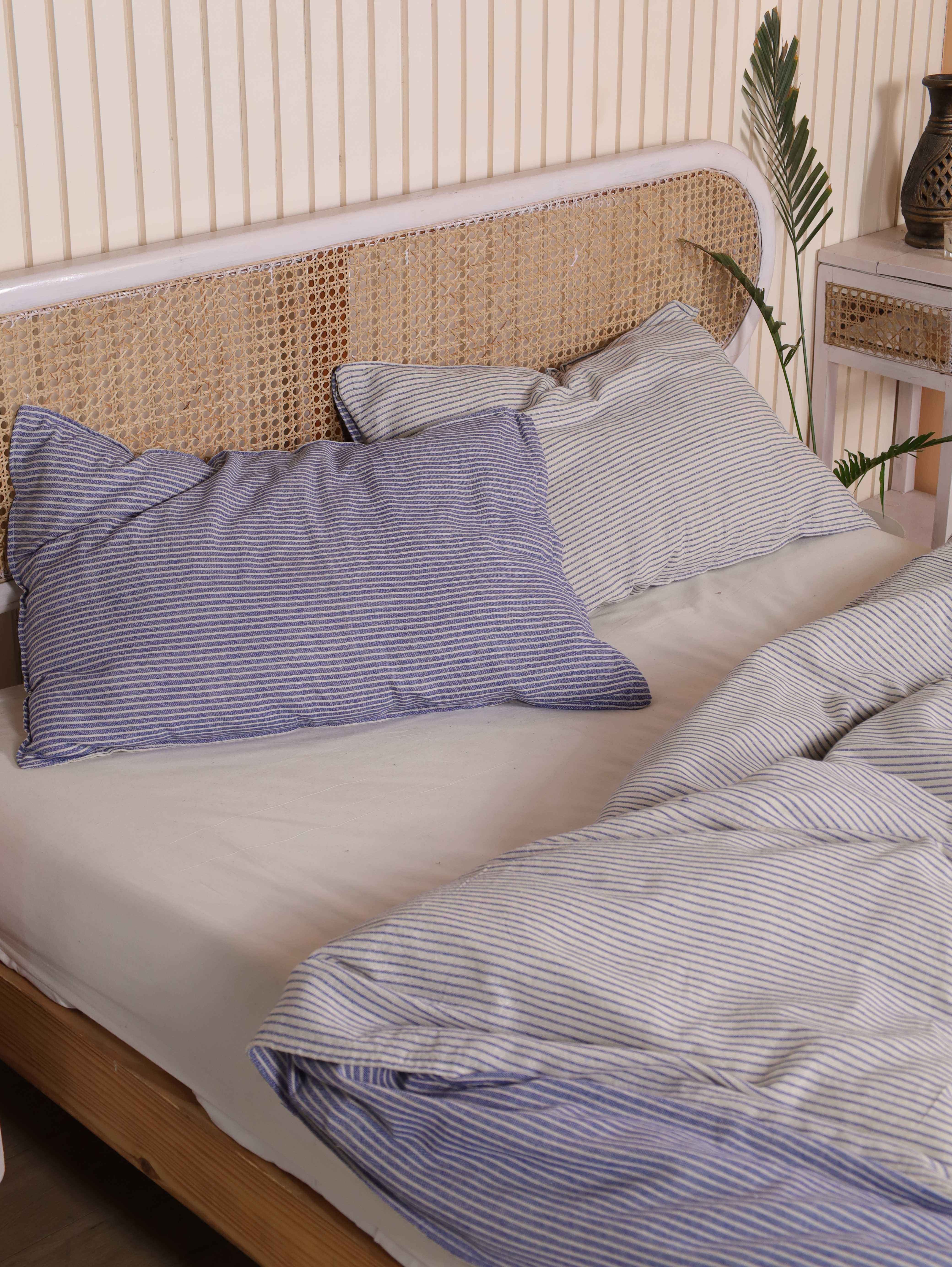 Reversible Blue Pinstripe Duvet Cover Set - Cotton Coastal Bedding