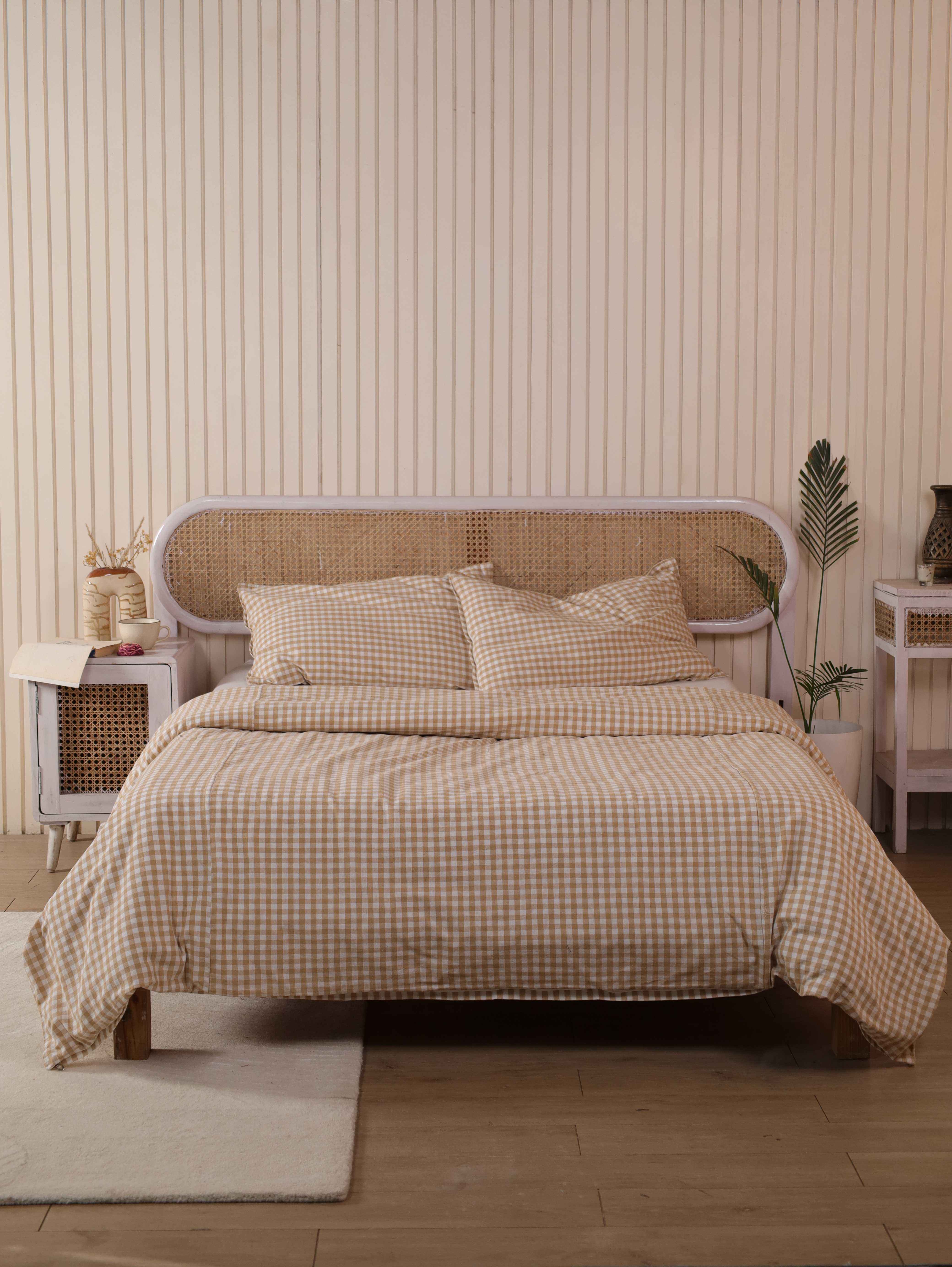 Beige Gingham Cotton Duvet Cover Set - Checkered Cottagecore Bedding