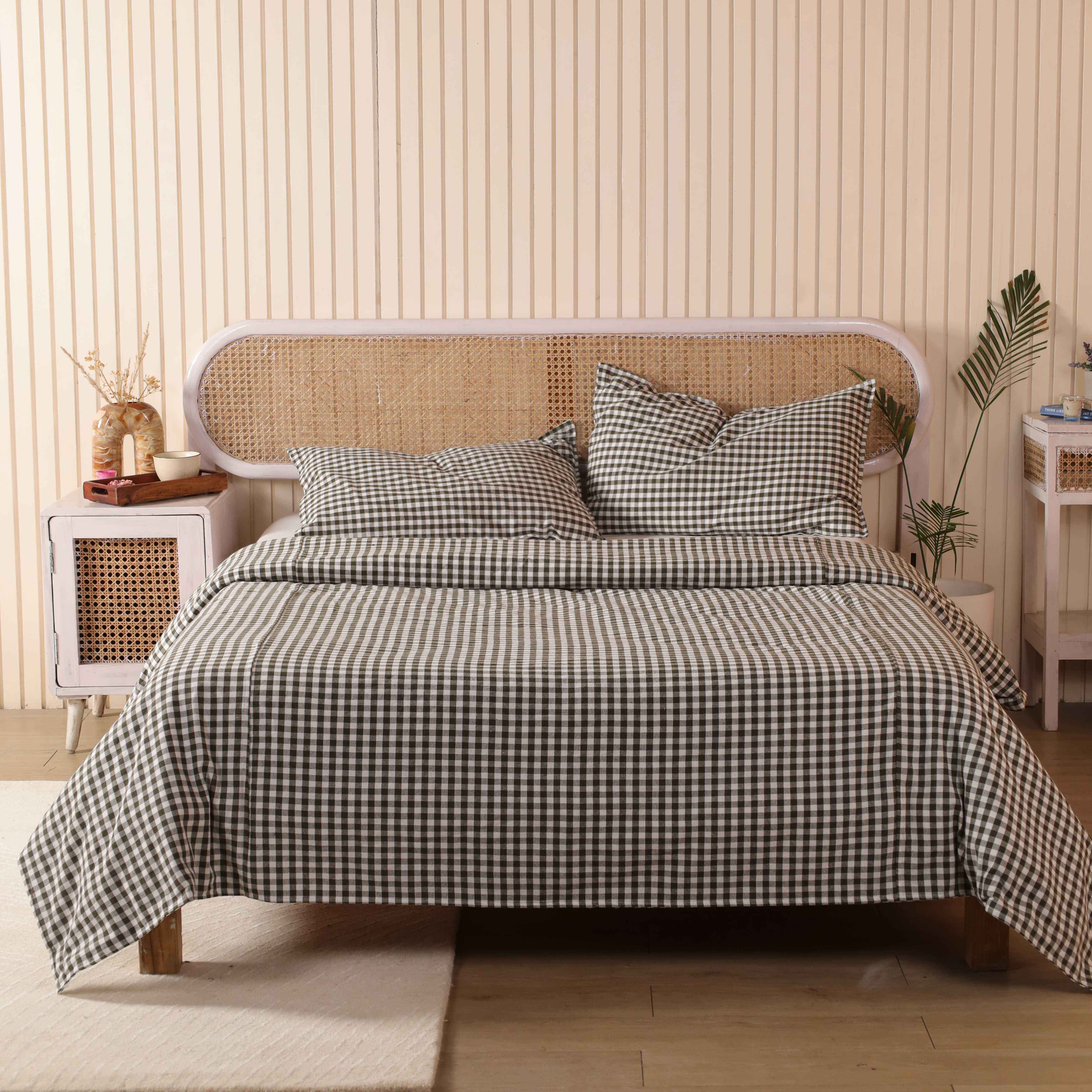 Olive Green Gingham Cotton Duvet Set - Checkered Boho Bedding