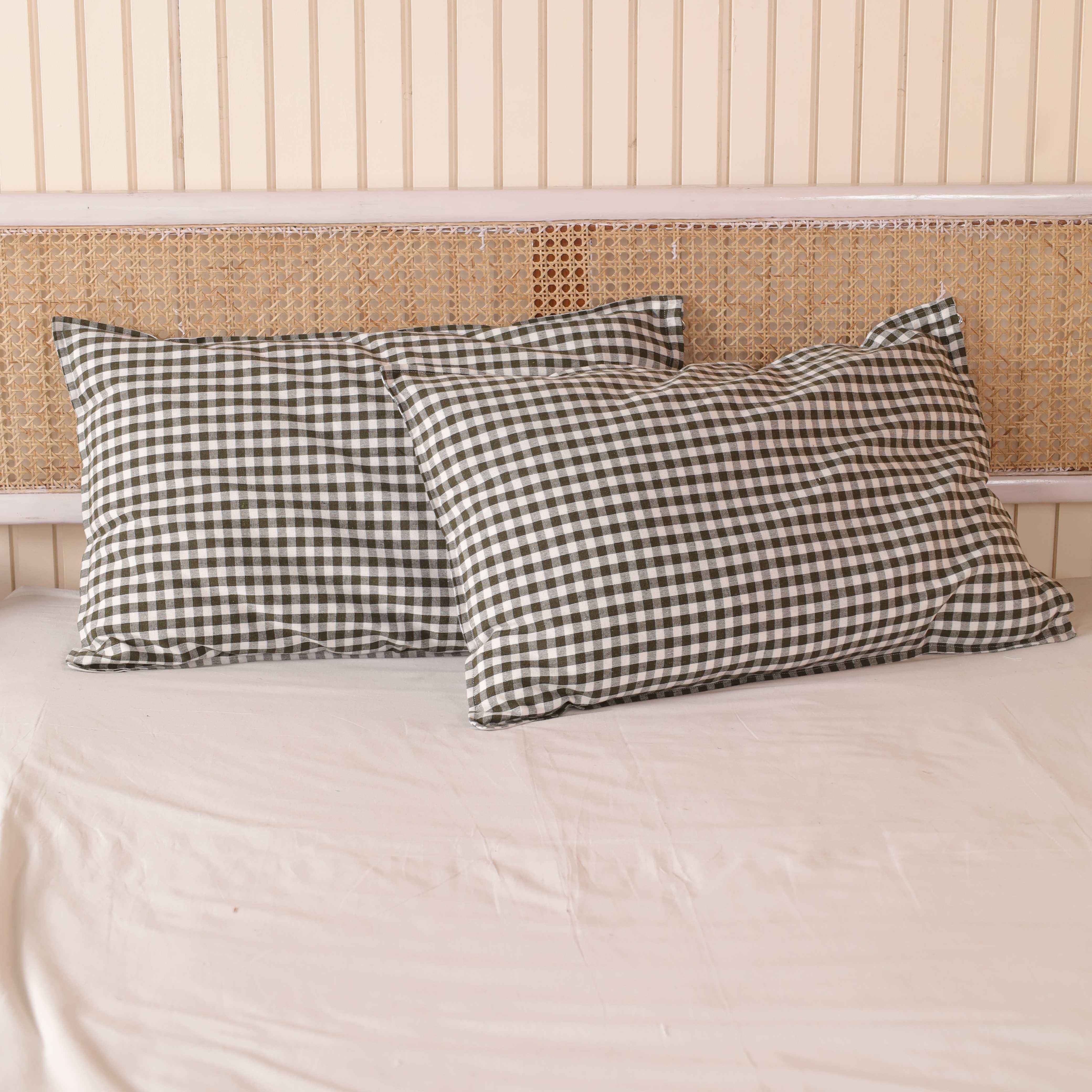 Olive Green Gingham Cotton Duvet Set - Checkered Boho Bedding