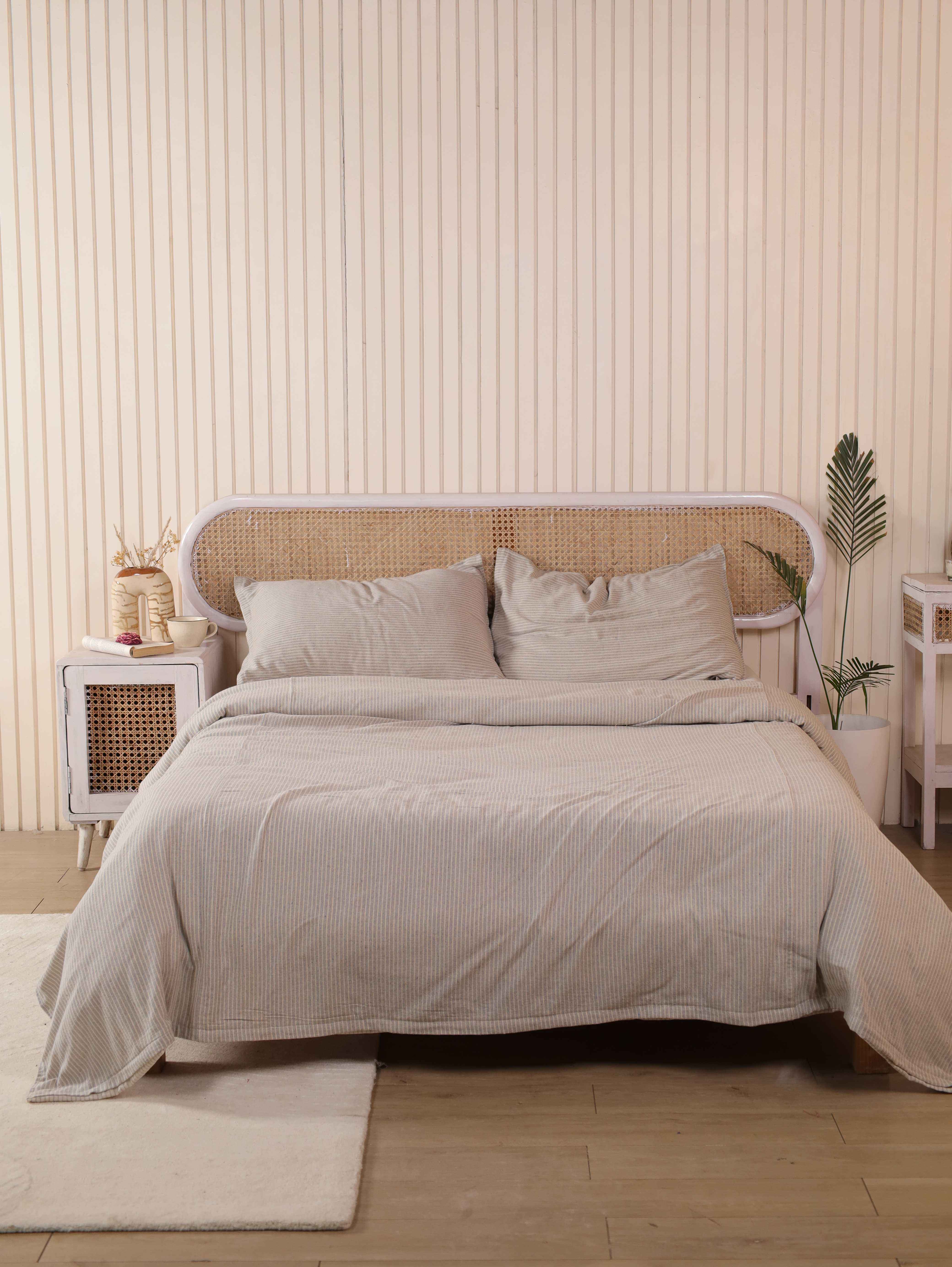 Light Grey Pinstripe Cotton Duvet Set - Neutral Striped Bedding