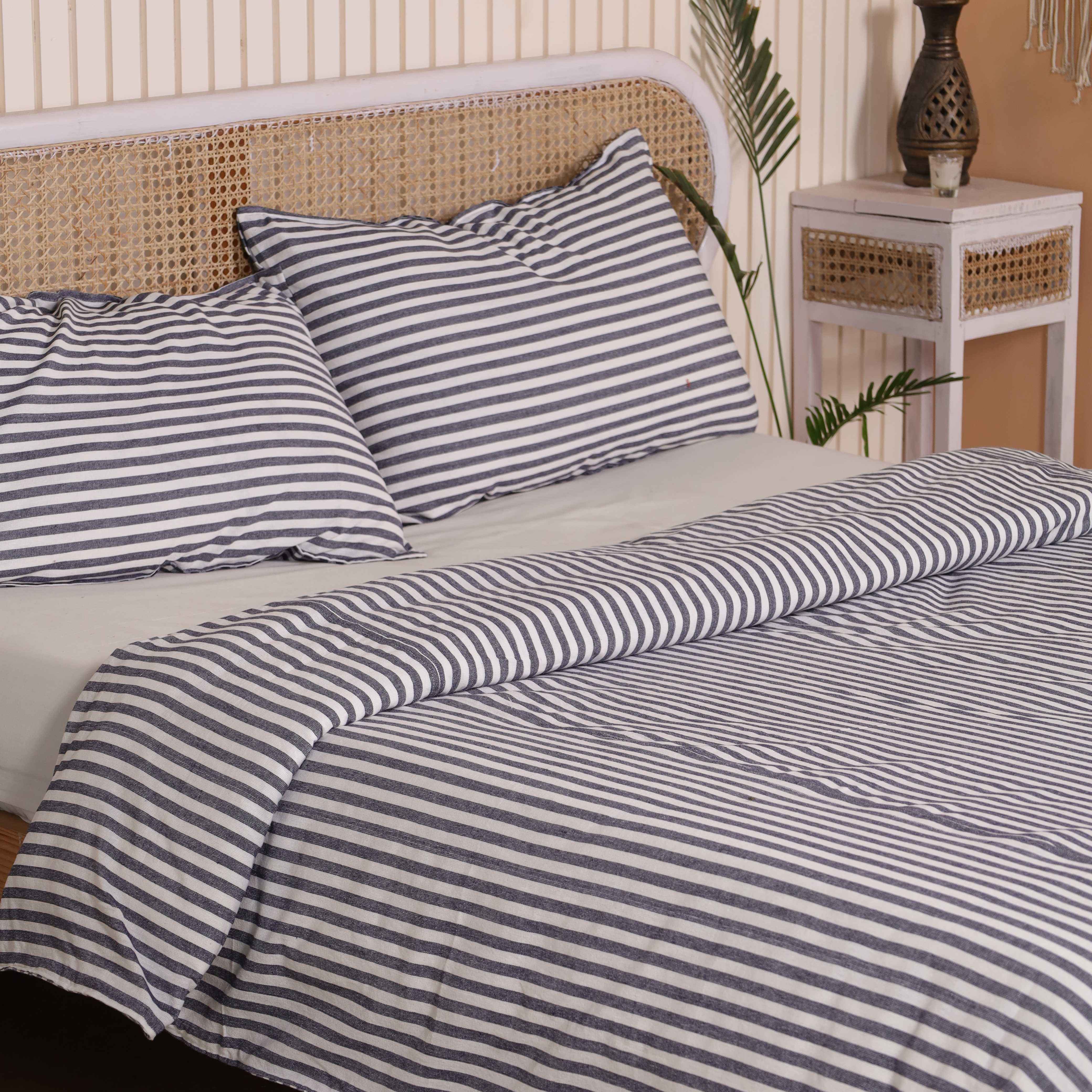 Blue Ticking Stripe Cotton Bedding Set - Coastal Nautical Duvet & Shams
