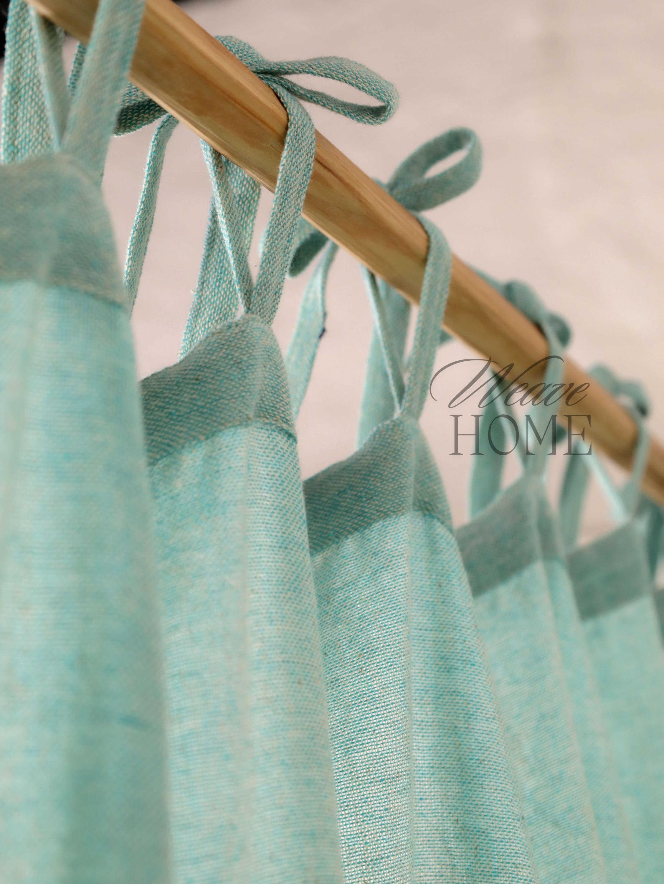 Aqua Gauze Linen Curtains Ticking Drapery, 2 Panel Set Door Window Valance Custom Size Made Curtain