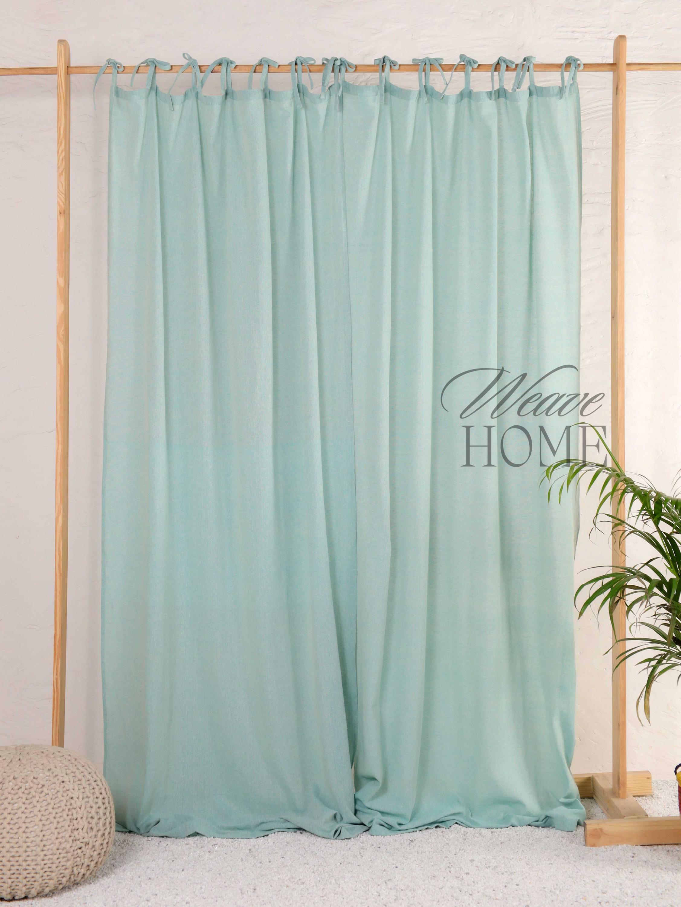 Aqua Gauze Linen Curtains Ticking Drapery, 2 Panel Set Door Window Valance Custom Size Made Curtain