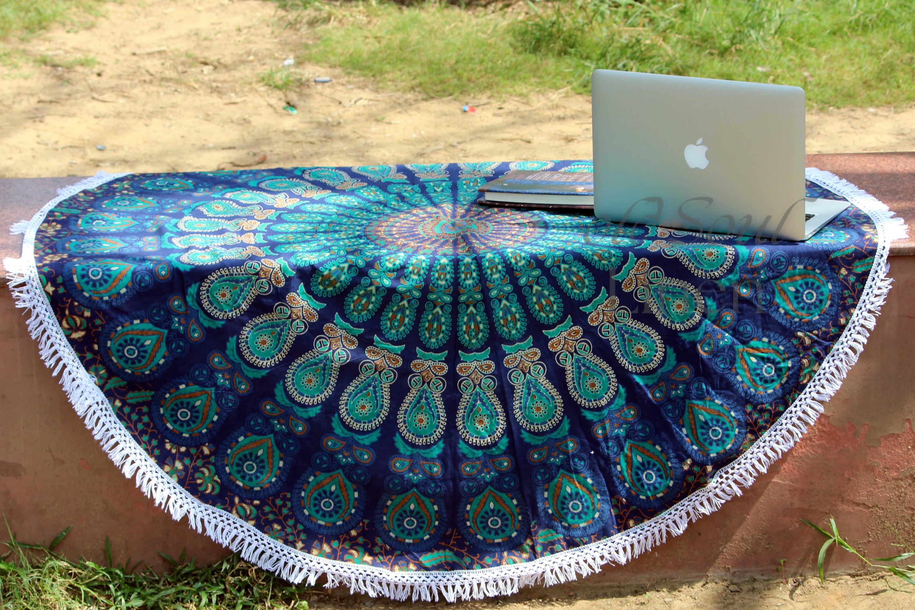 100% Cotton Feather Mandala Round Tapestry Blankets Throws Roundie Picnic Gypsy Cotton Tablecloth Beach Meditation Round Yoga Mat 72 Inches