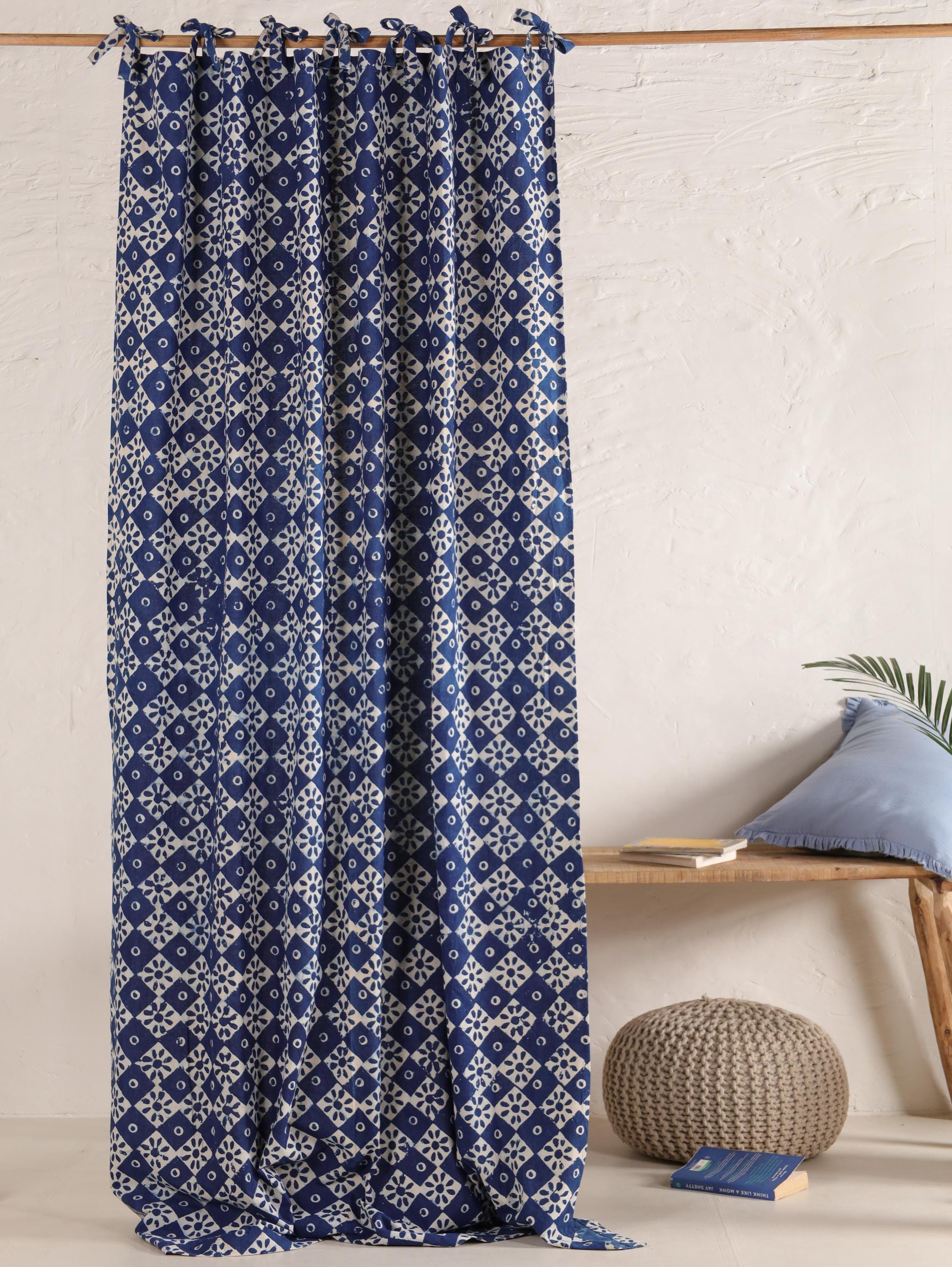 Bohemian Indigo Blue Curtains Valance Fully Handmade block printed (2 panel) - Bedroom, Kitchen, Bathroom, Office and Home