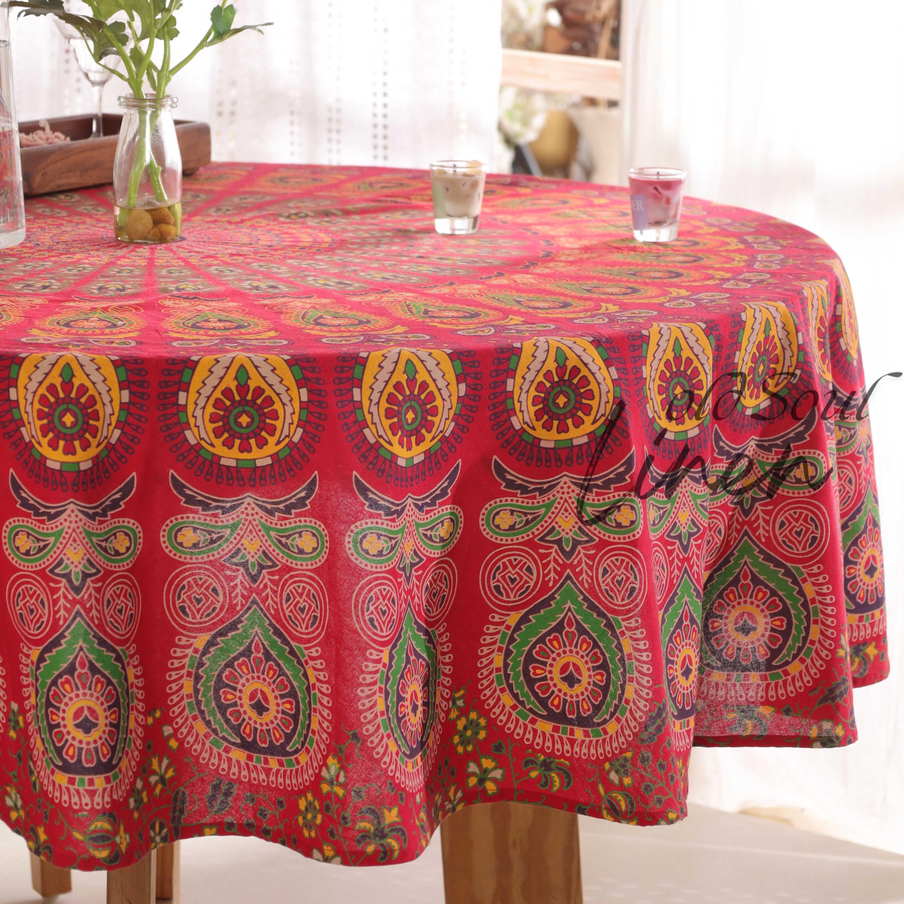 100% Cotton Red Mandala Round Tapestry Blankets Throws Roundie Picnic Gypsy Cotton Tablecloth Beach Meditation Round Yoga Mat 72 Inches