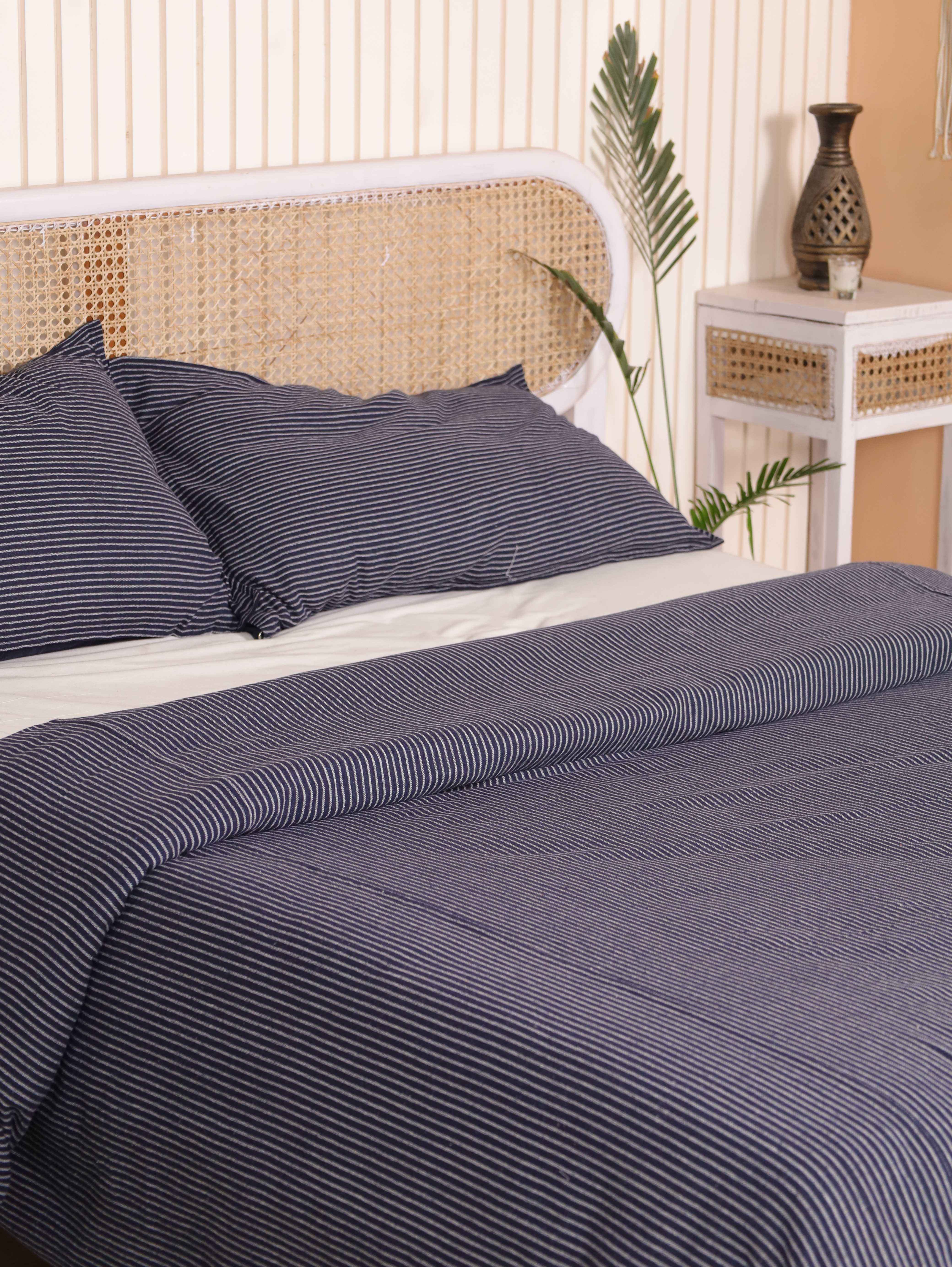 Navy Blue Pinstripe Cotton Bedding Set - Coastal Nautical Duvet